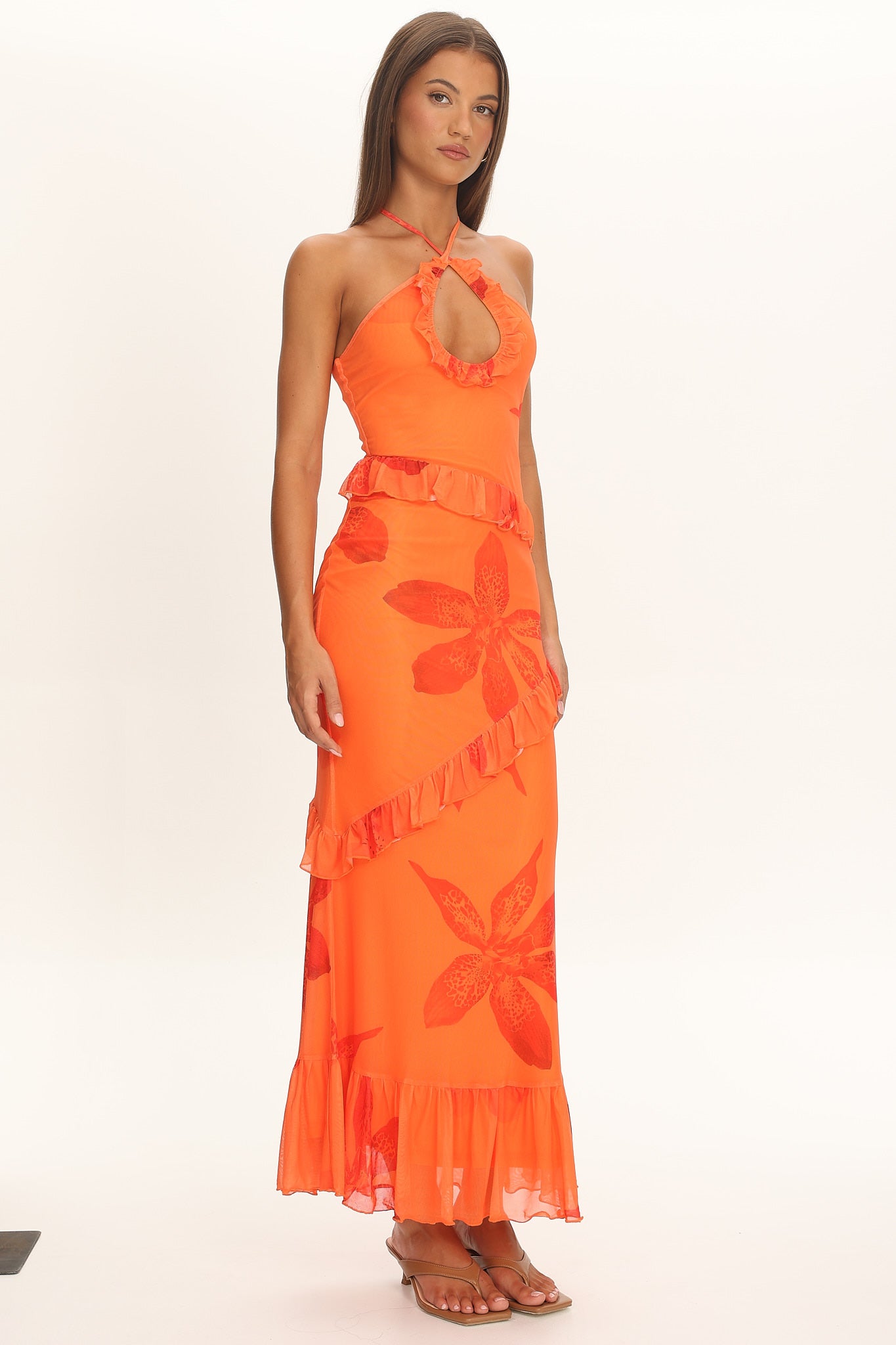 Clemence Mesh Overlay Frill Trim Maxi Dress Floral Orange by Selfie Leslie Australia