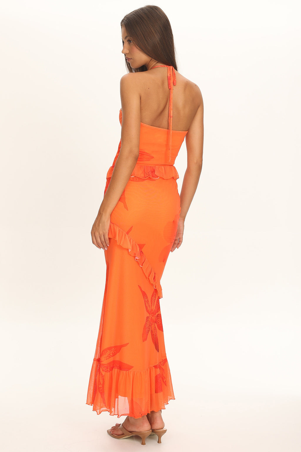 Clemence Mesh Overlay Frill Trim Maxi Dress Floral Orange by Selfie Leslie Australia