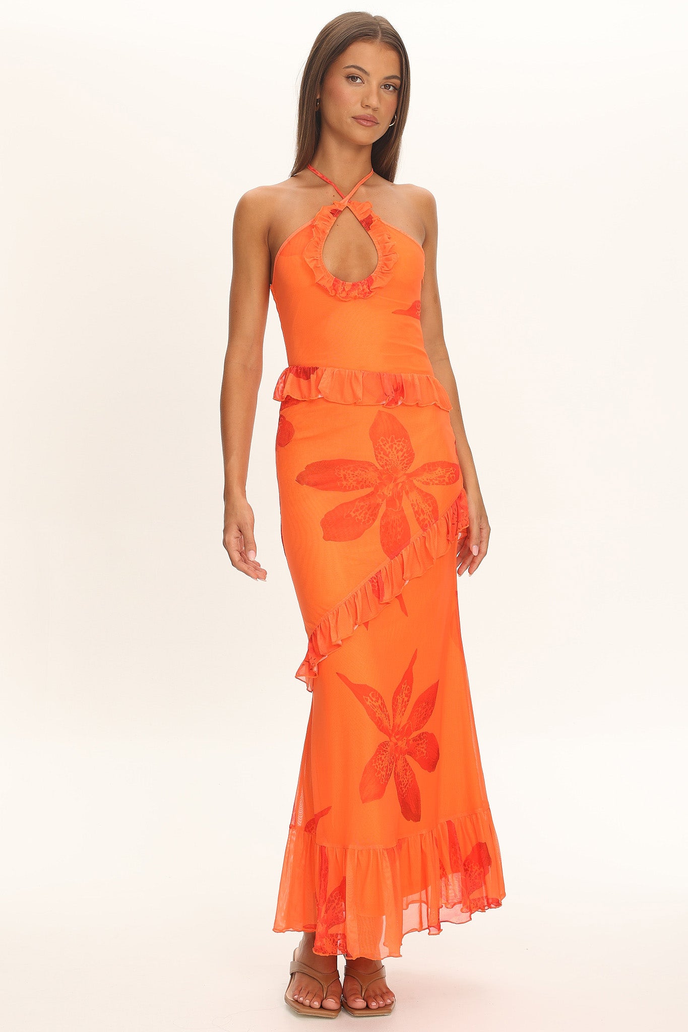 Clemence Mesh Overlay Frill Trim Maxi Dress Floral Orange by Selfie Leslie Australia