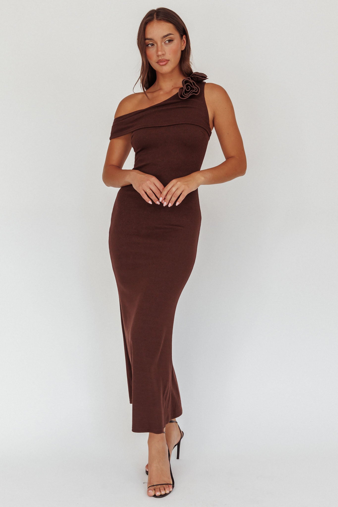 Mazon One-Shoulder Knit Maxi Dress Chocolate by Selfie Leslie Australia