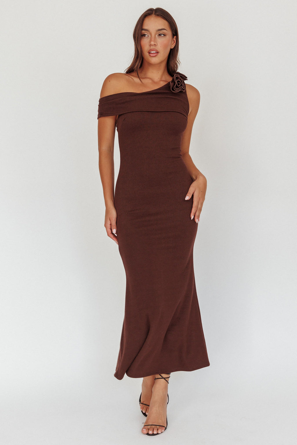 Mazon One-Shoulder Knit Maxi Dress Chocolate by Selfie Leslie Australia