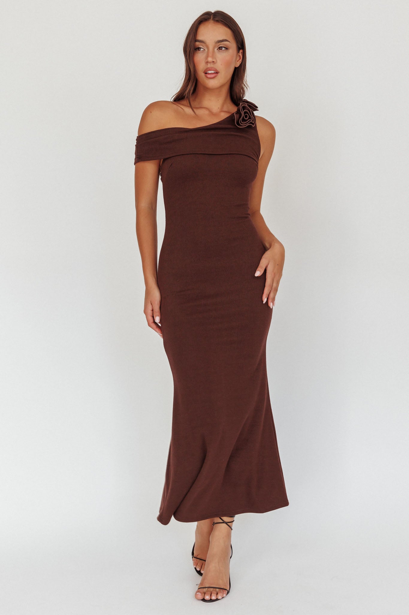 Mazon One-Shoulder Knit Maxi Dress Chocolate by Selfie Leslie Australia