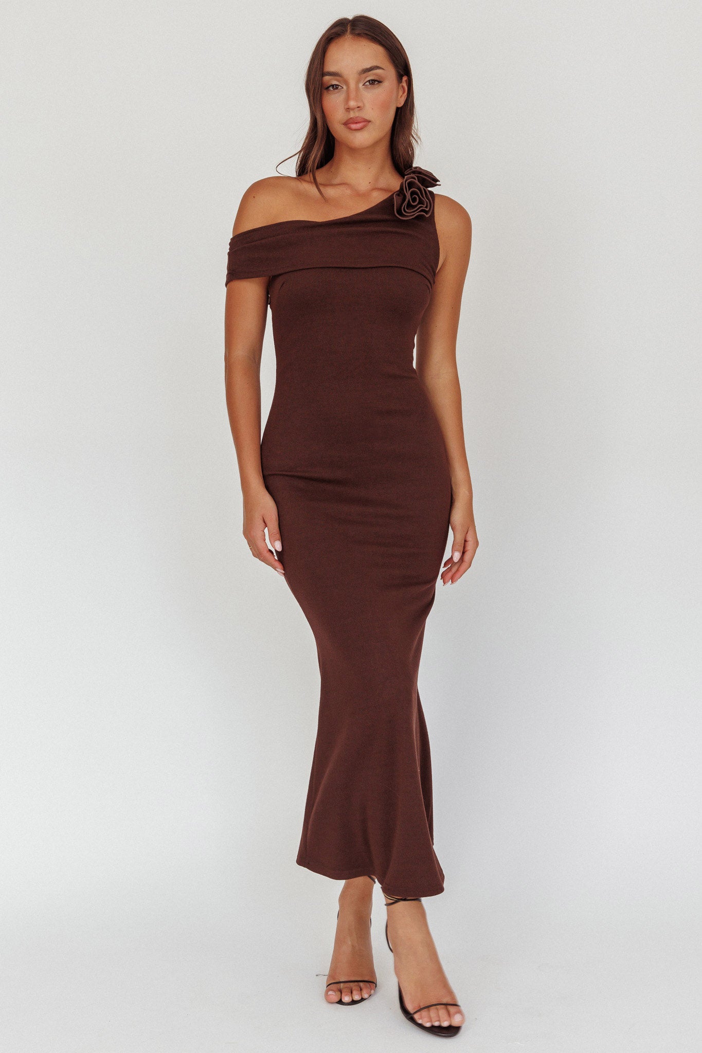 Mazon One-Shoulder Knit Maxi Dress Chocolate by Selfie Leslie Australia