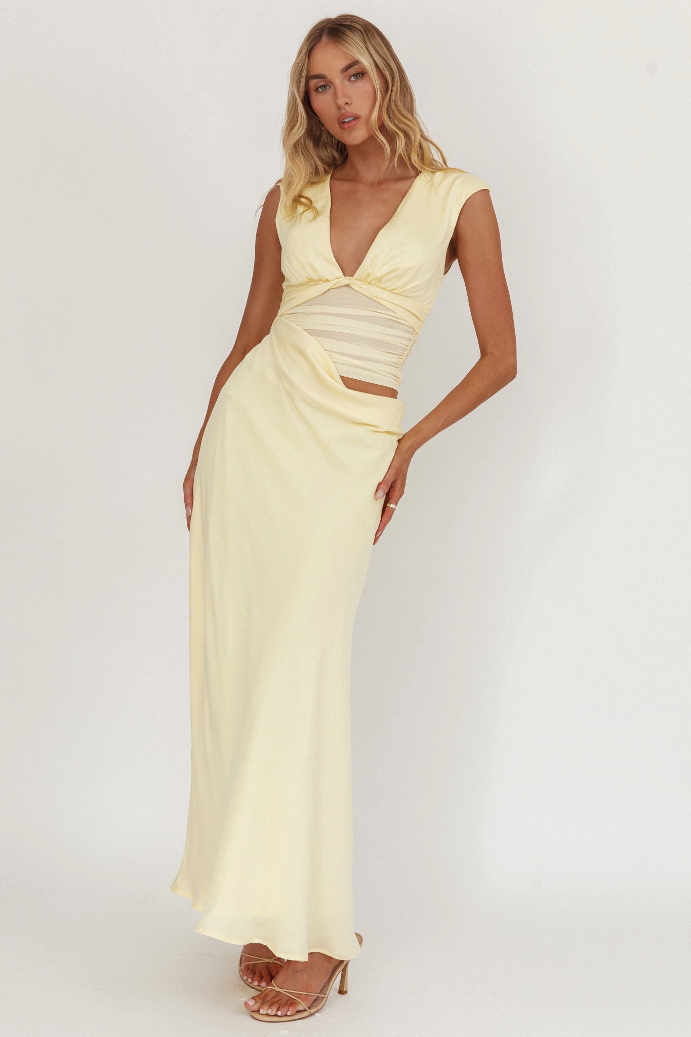 Sun Gaze Sheer Ruched Waist Maxi Dress Butter by Selfie Leslie Australia