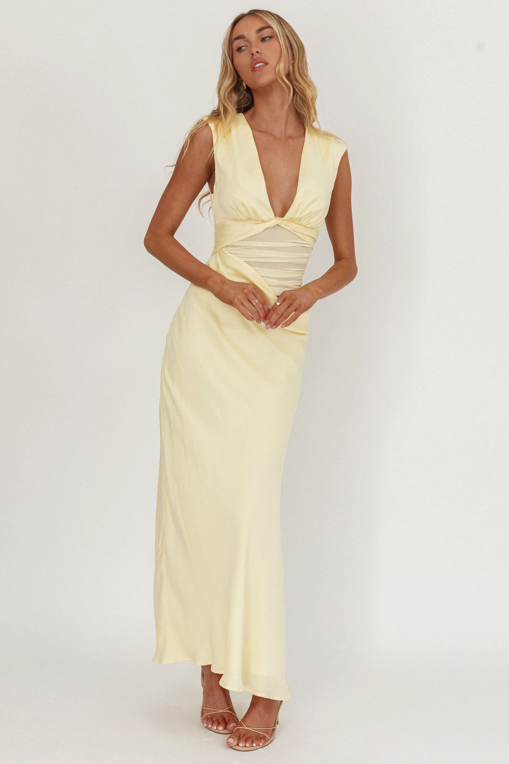 Sun Gaze Sheer Ruched Waist Maxi Dress Butter by Selfie Leslie Australia