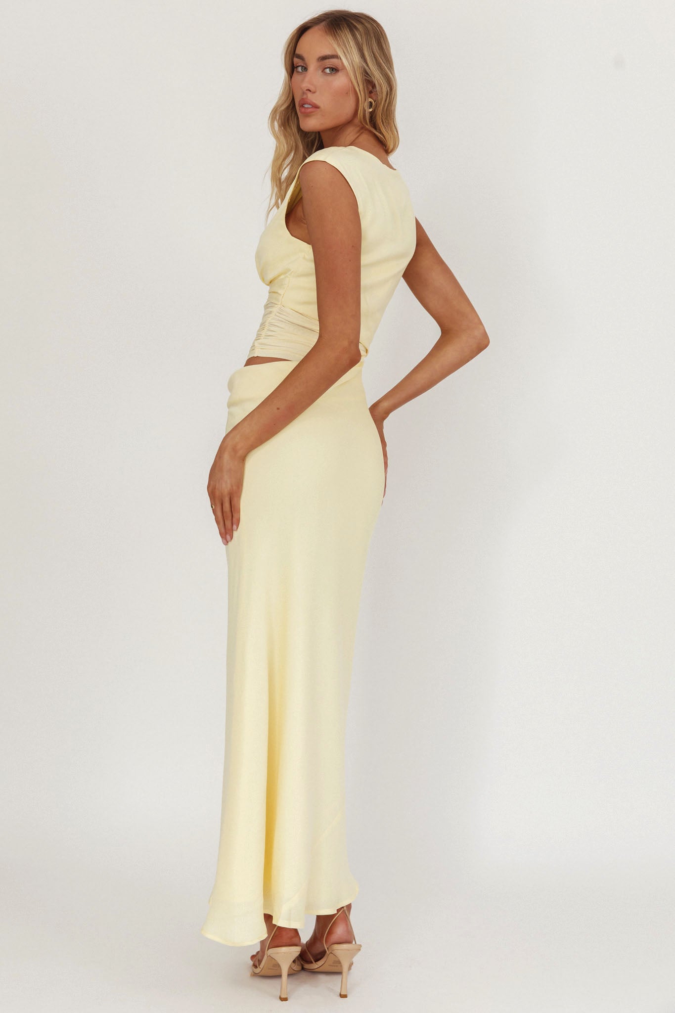 Sun Gaze Sheer Ruched Waist Maxi Dress Butter by Selfie Leslie Australia