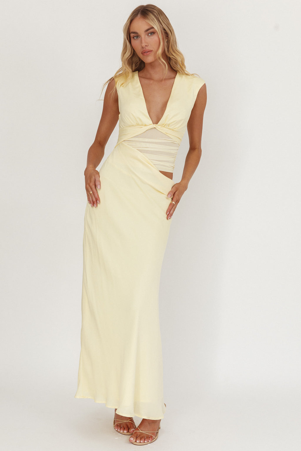 Sun Gaze Sheer Ruched Waist Maxi Dress Butter by Selfie Leslie Australia
