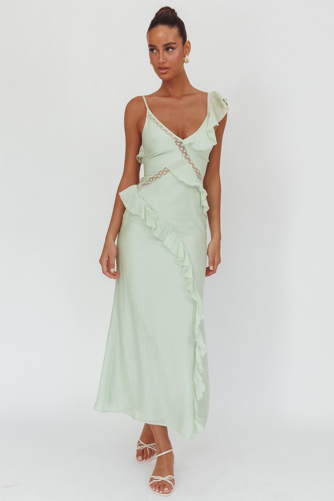 La Estrella Ruffle And Lace Trim Maxi Dress Sage by Selfie Leslie Australia