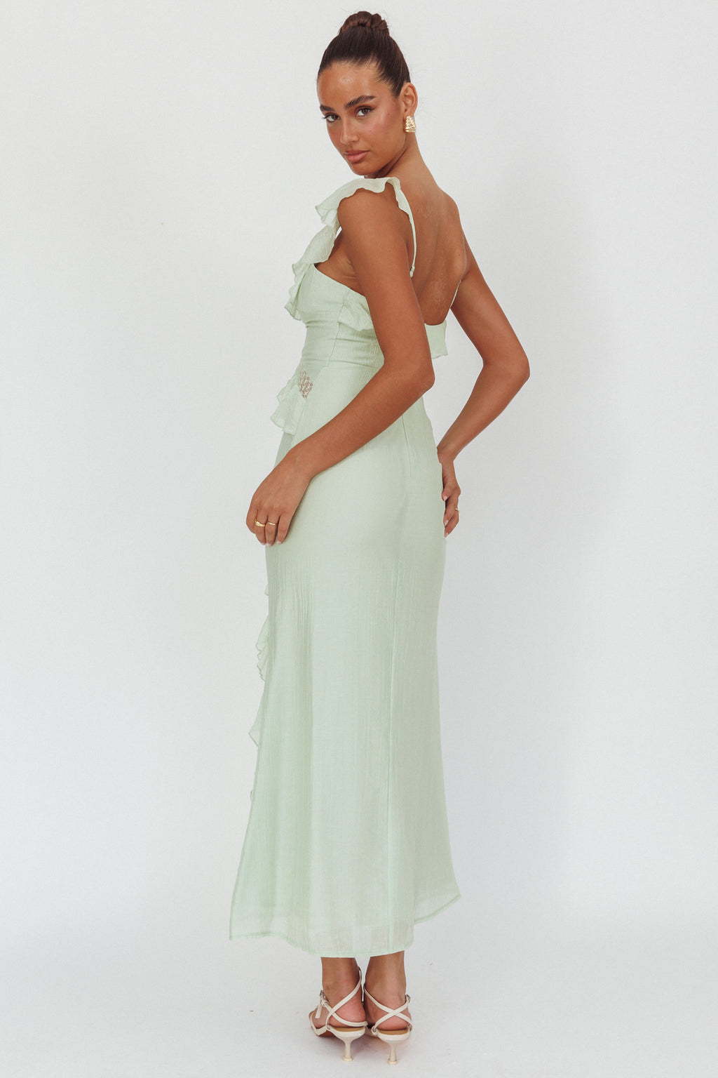 La Estrella Ruffle And Lace Trim Maxi Dress Sage by Selfie Leslie Australia