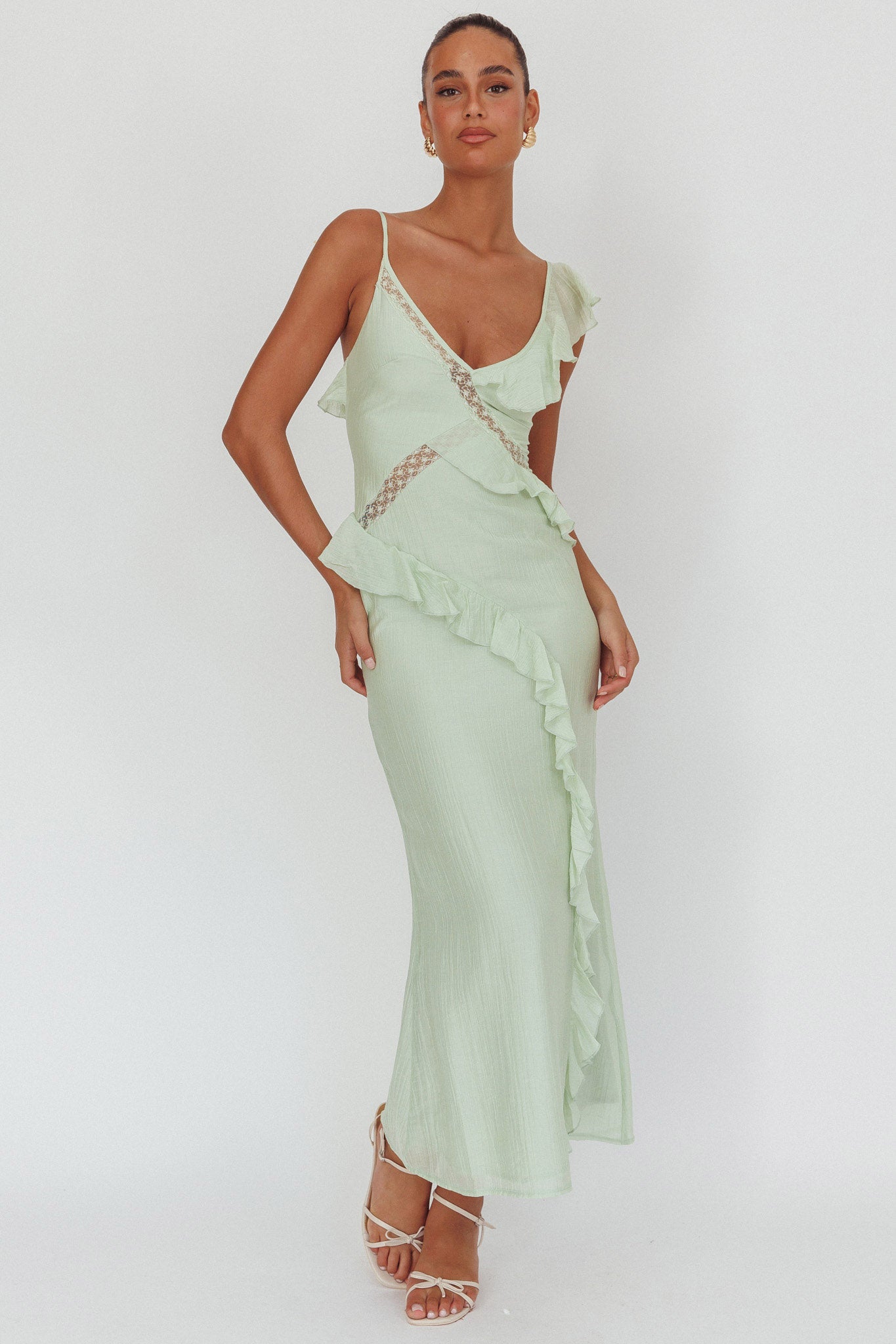 La Estrella Ruffle And Lace Trim Maxi Dress Sage by Selfie Leslie Australia