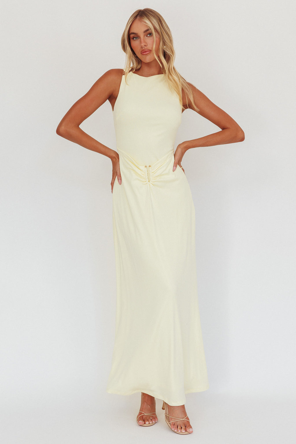 Casino Gold Hardware Ribbed Maxi Dress Butter by Selfie Leslie Australia