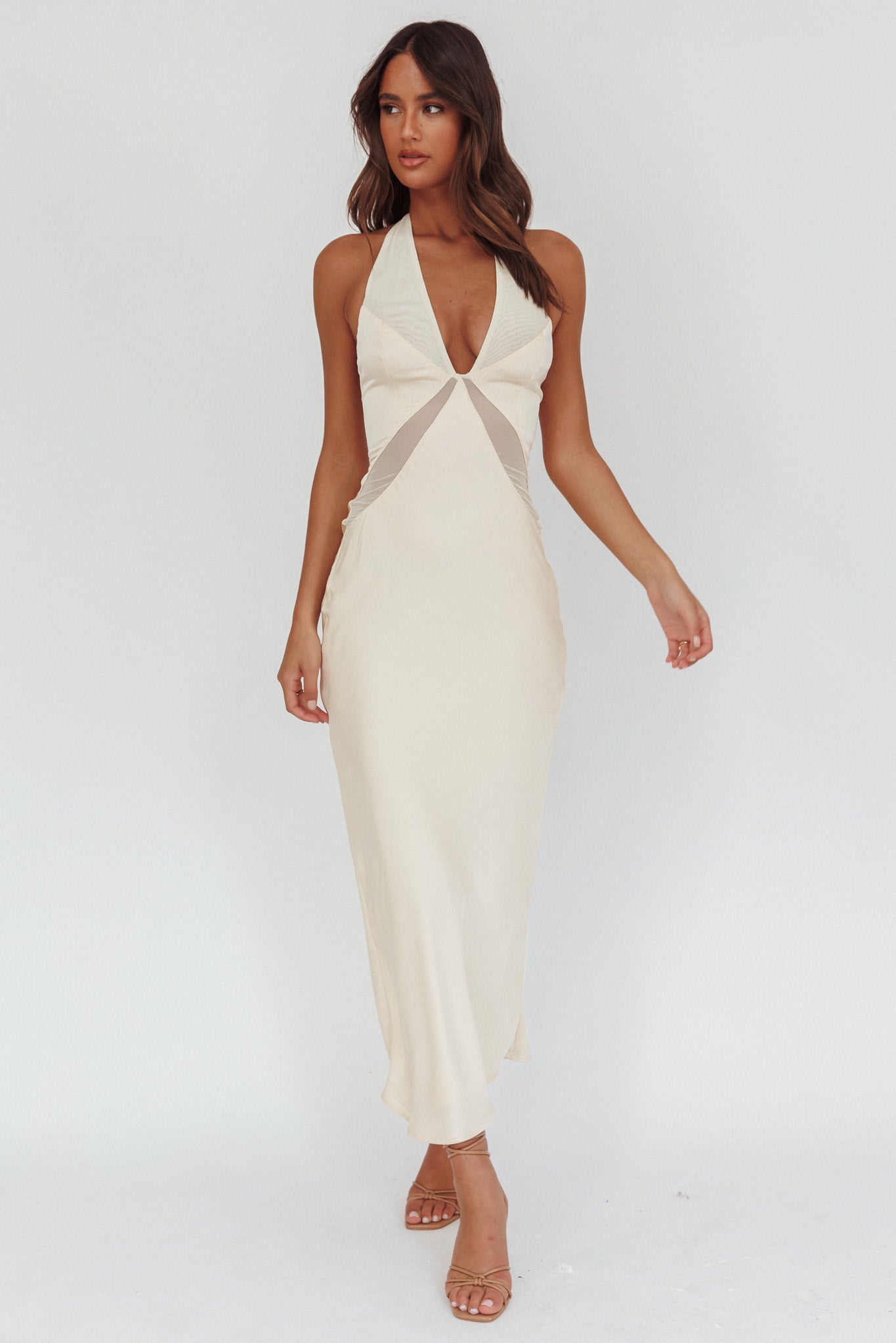 Kasi Sheer Panel Halter Maxi Dress Butter by Selfie Leslie Australia