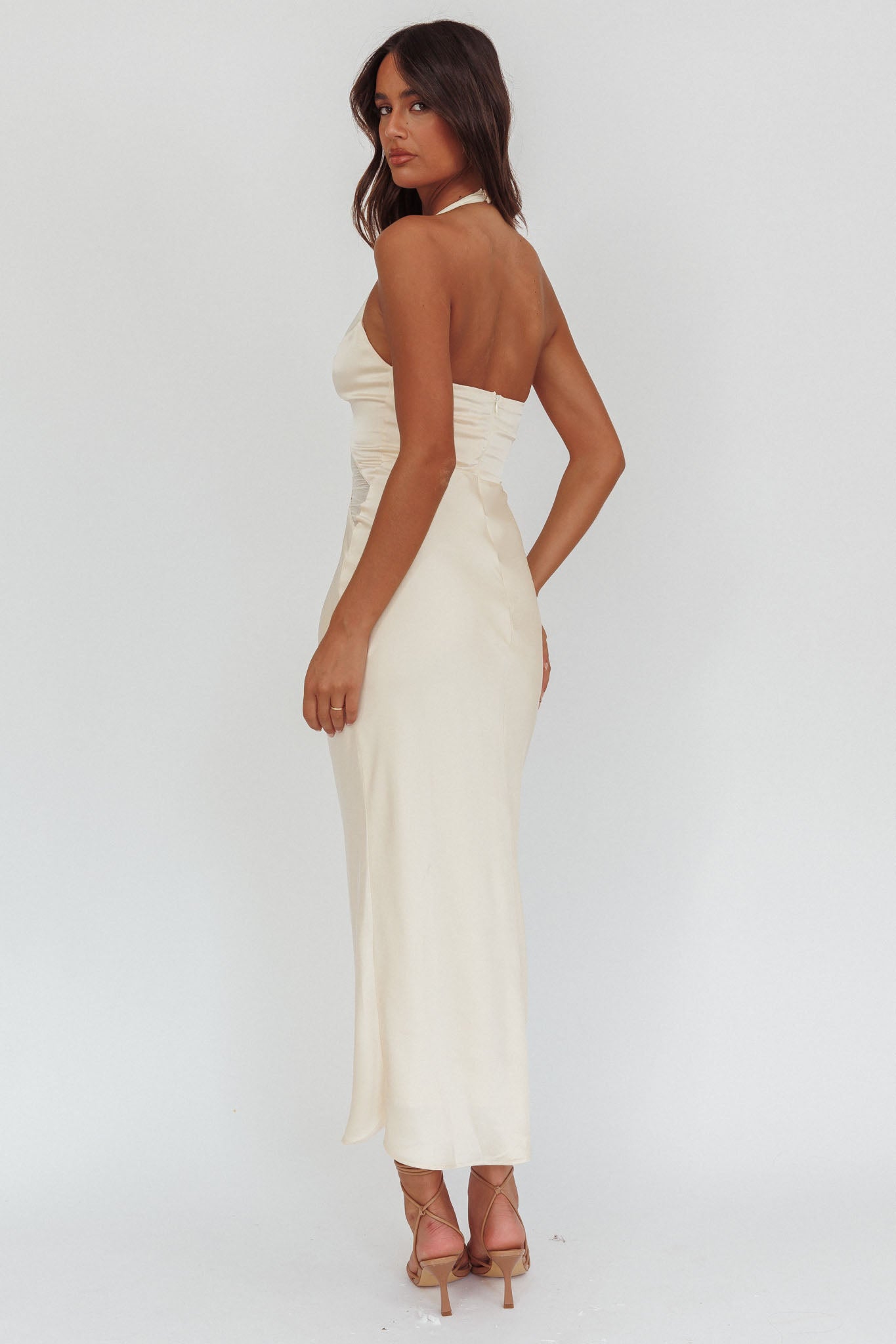 Kasi Sheer Panel Halter Maxi Dress Butter by Selfie Leslie Australia