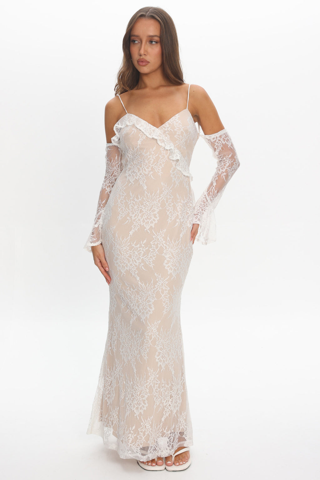 Zarah Off-Shoulder Sleeve Lace Maxi Dress White by Selfie Leslie Australia