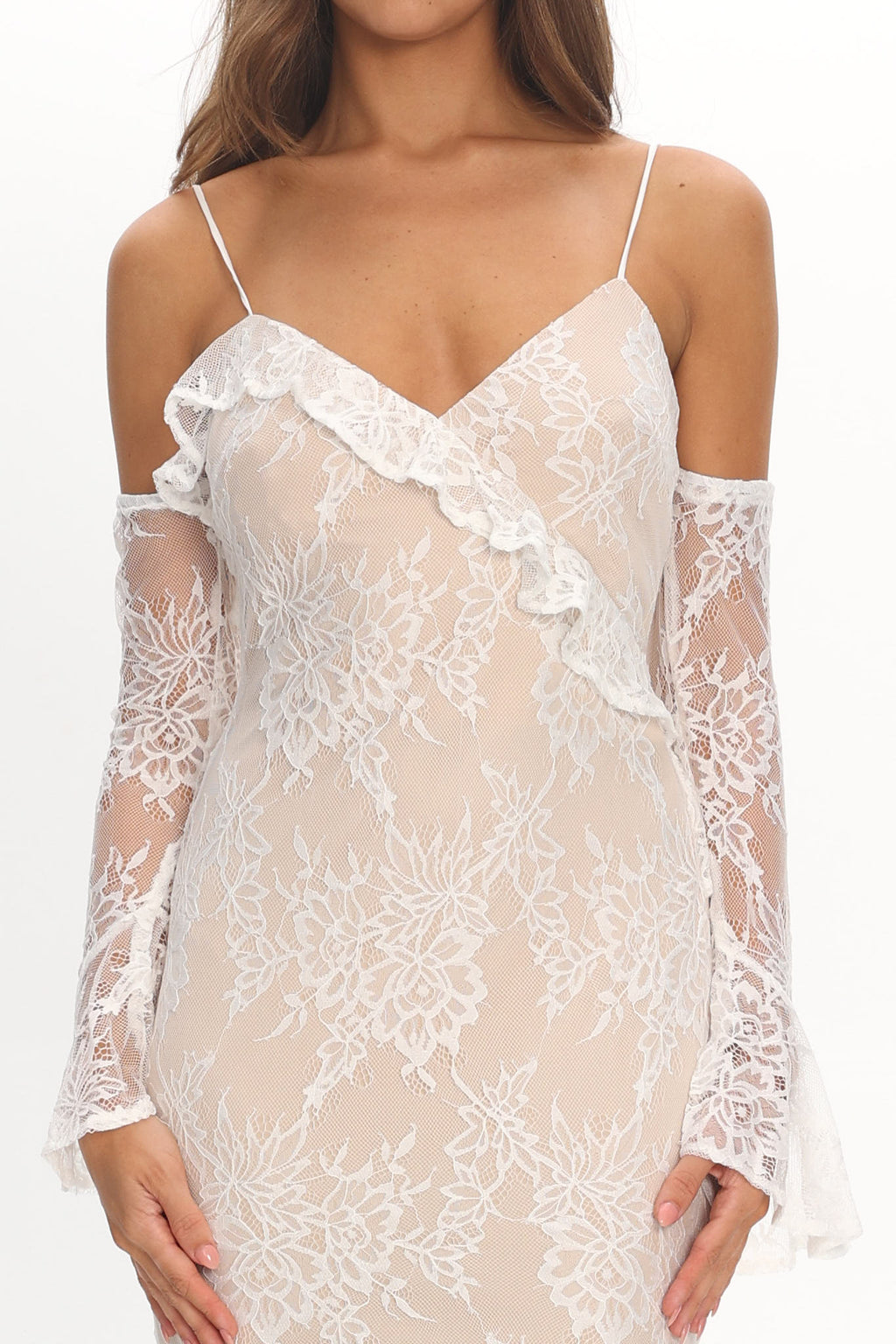 Zarah Off-Shoulder Sleeve Lace Maxi Dress White by Selfie Leslie Australia