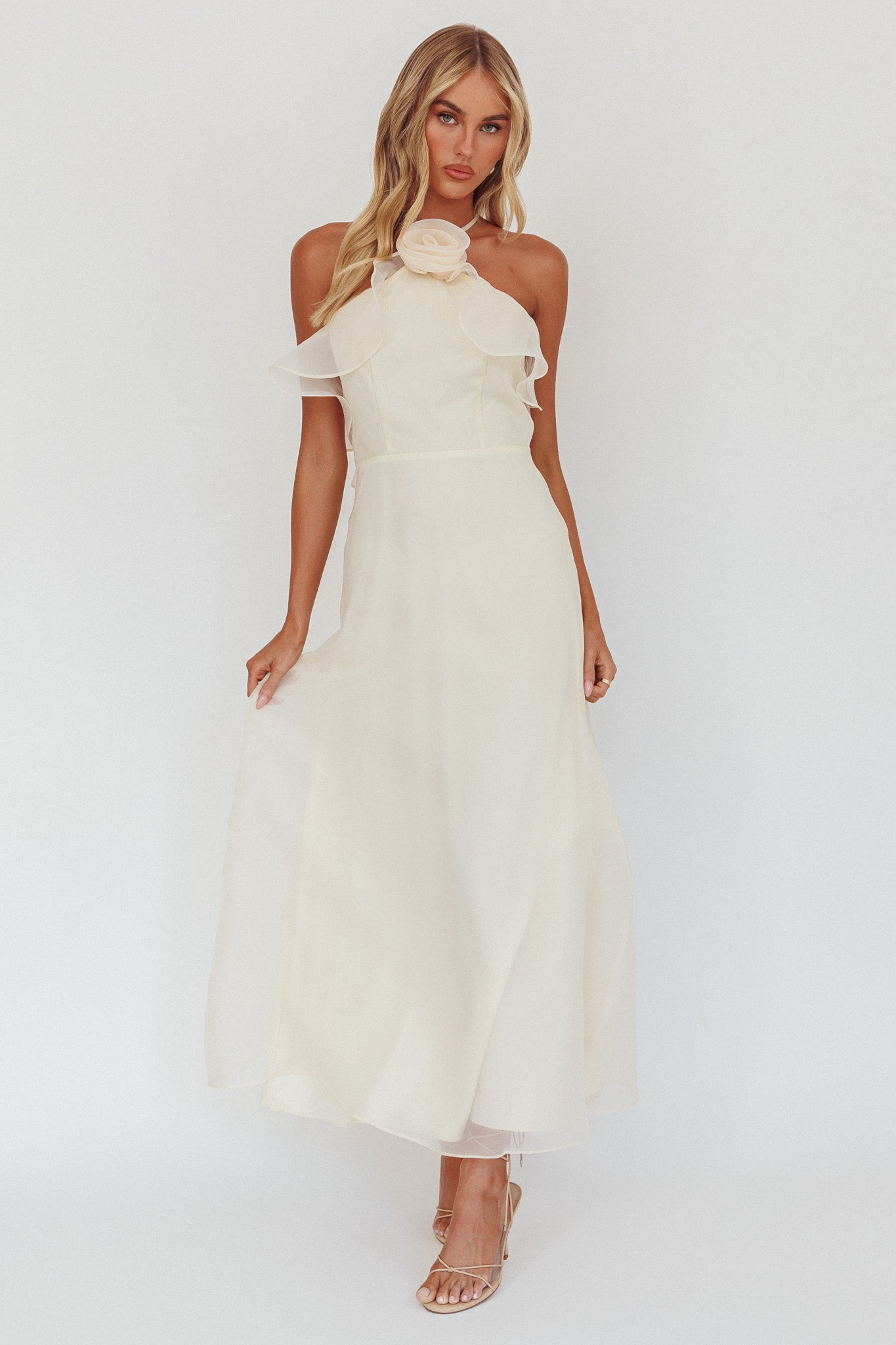 Cordially Invited Ruffle Neckline Rosette Maxi Vanilla by Selfie Leslie Australia