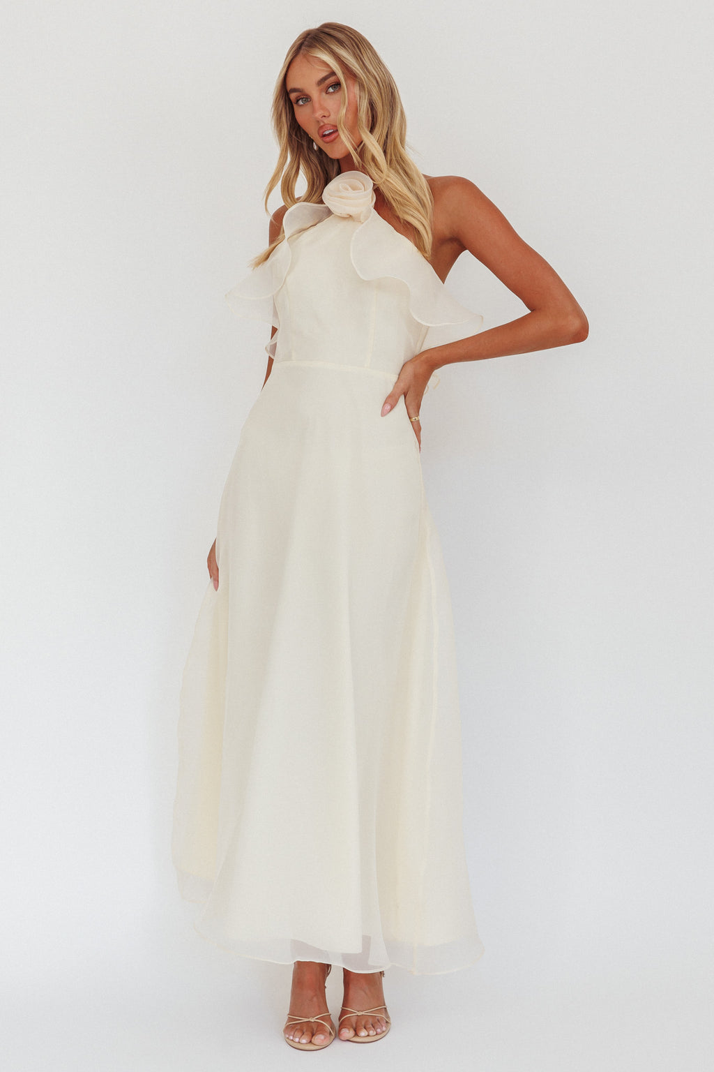 Cordially Invited Ruffle Neckline Rosette Maxi Vanilla by Selfie Leslie Australia