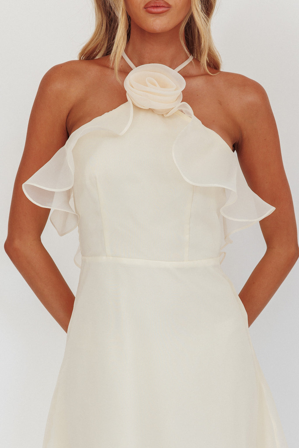 Cordially Invited Ruffle Neckline Rosette Maxi Vanilla by Selfie Leslie Australia