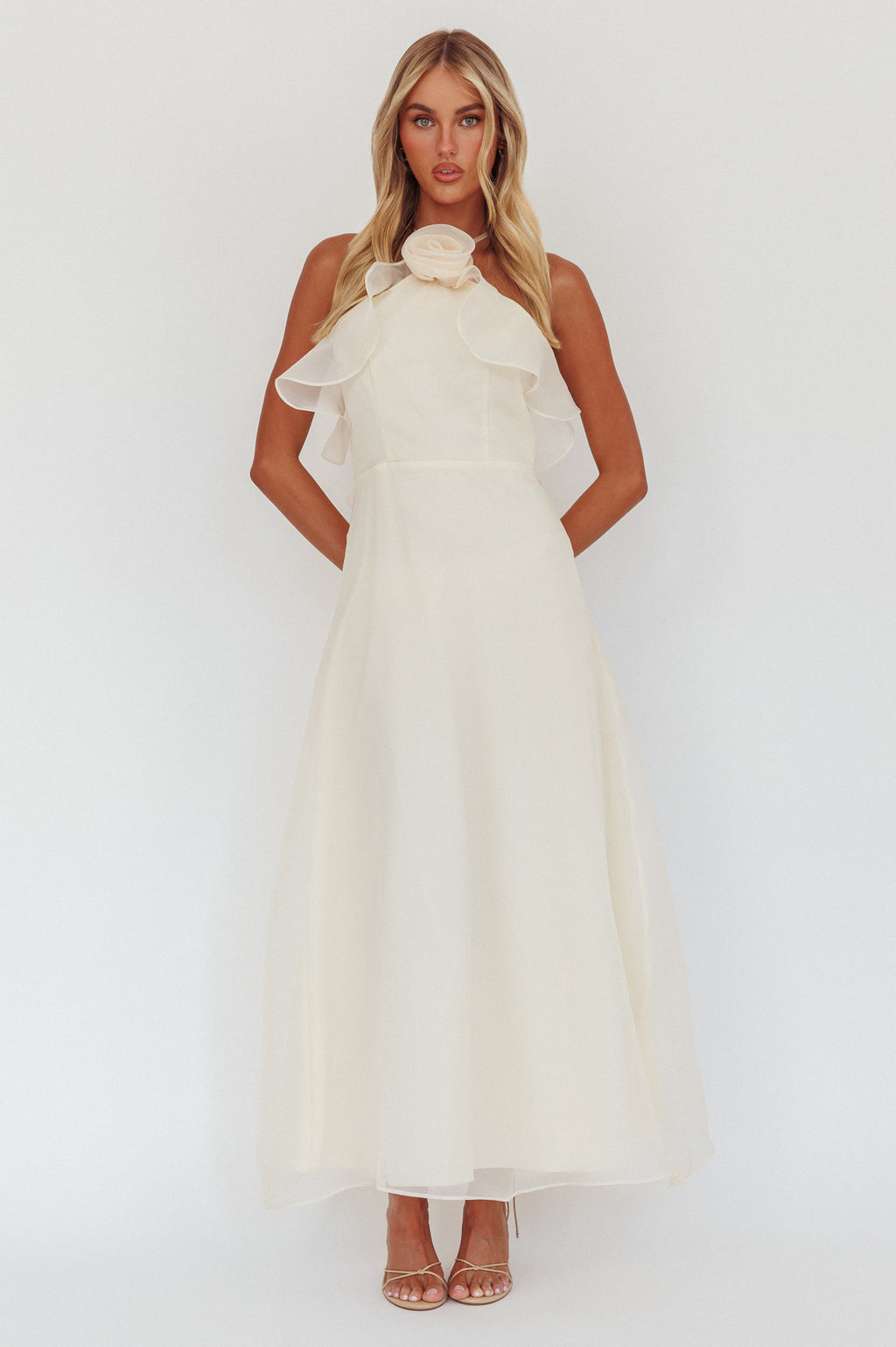 Cordially Invited Ruffle Neckline Rosette Maxi Vanilla by Selfie Leslie Australia