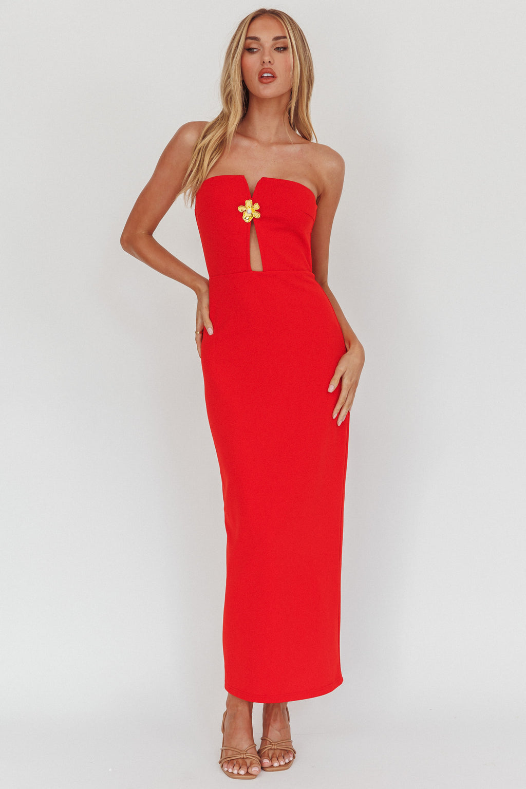 Sonrisa Strapless Cut-Out Maxi Dress Red by Selfie Leslie Australia