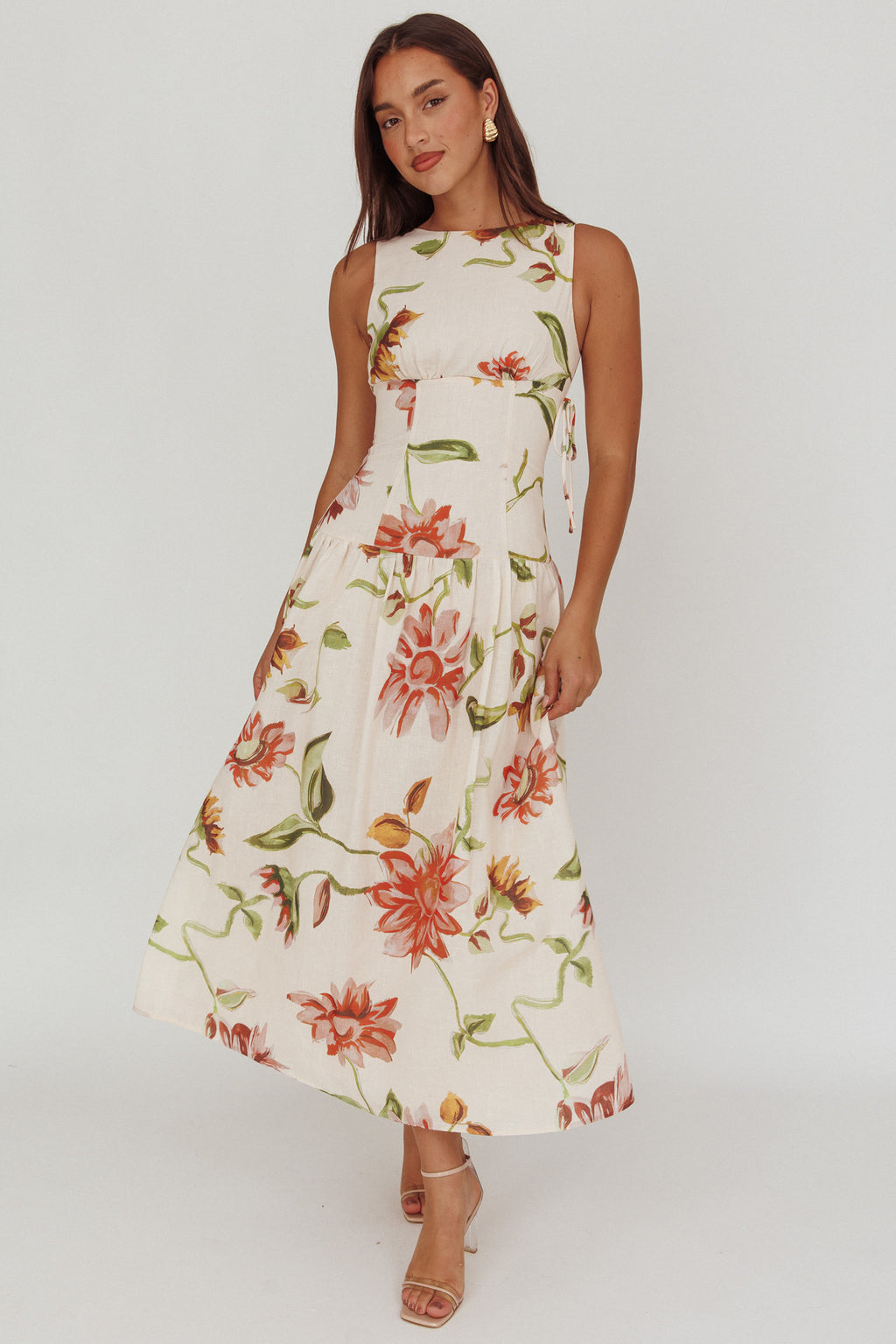 Audraya Drop Waist Maxi Dress Floral Beige by Selfie Leslie Australia
