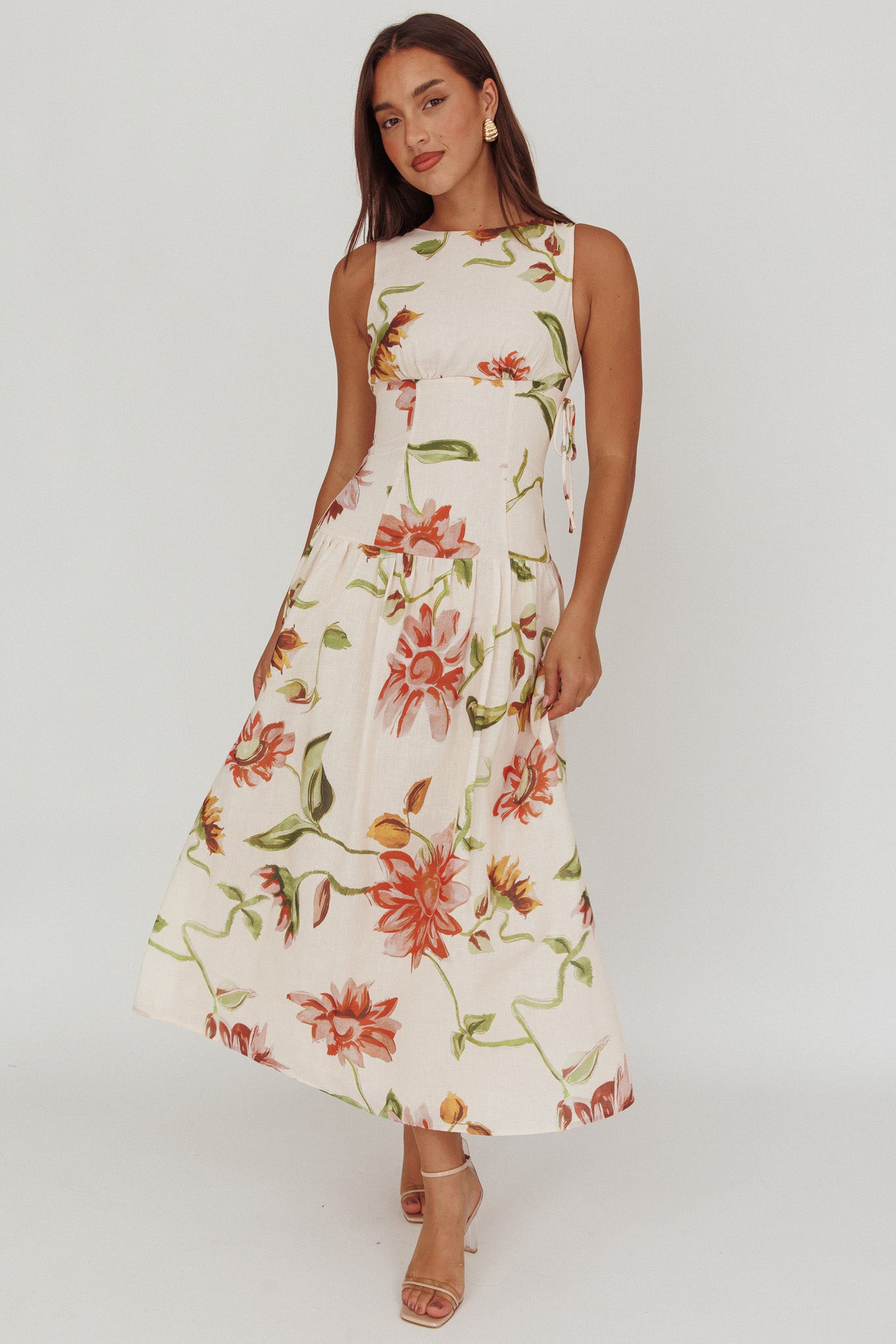 Audraya Drop Waist Maxi Dress Floral Beige by Selfie Leslie Australia