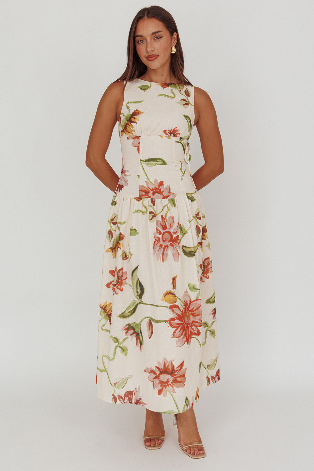 Audraya Drop Waist Maxi Dress Floral Beige by Selfie Leslie Australia