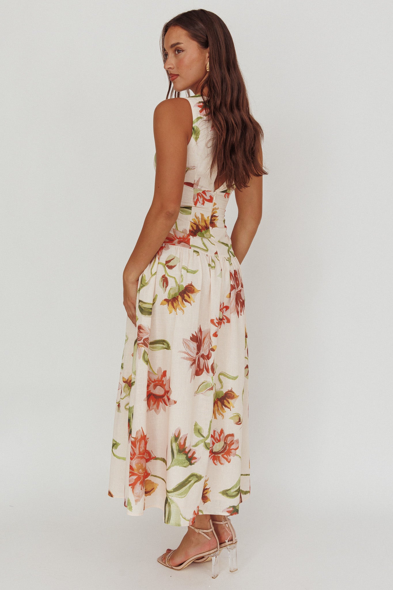 Audraya Drop Waist Maxi Dress Floral Beige by Selfie Leslie Australia