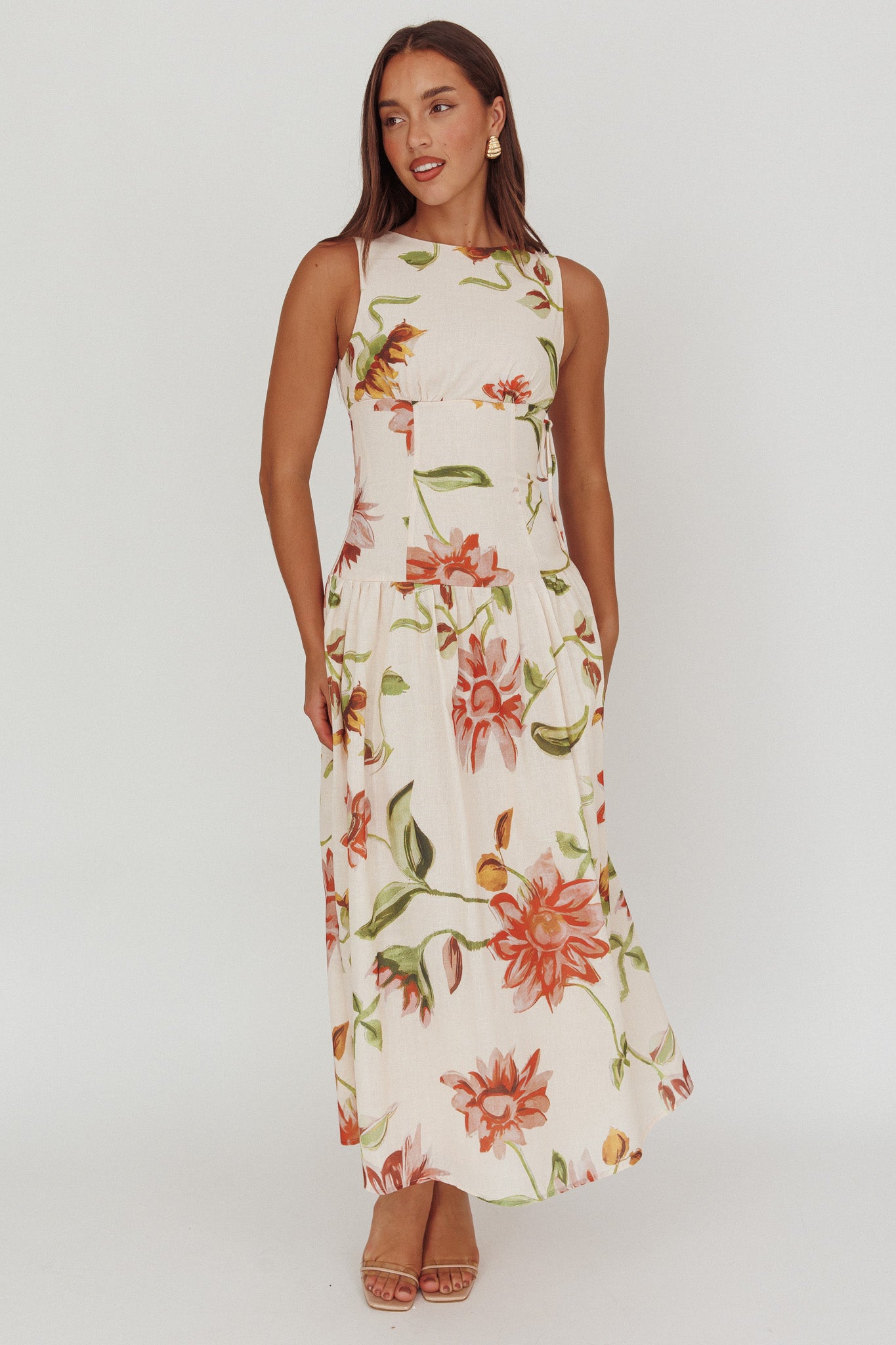 Audraya Drop Waist Maxi Dress Floral Beige by Selfie Leslie Australia