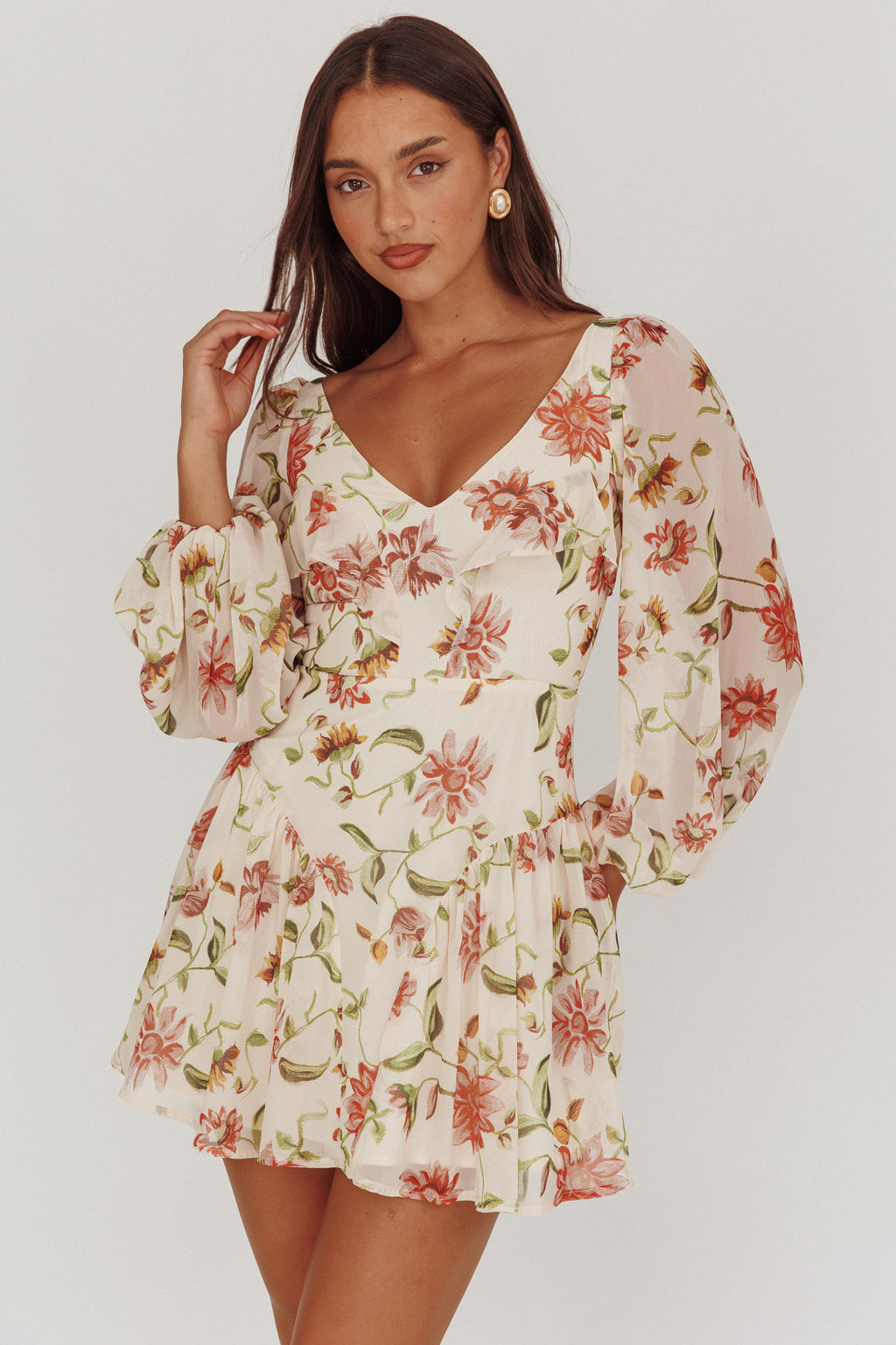 Lucky One Balloon Sleeve Mini Dress Floral Beige by Selfie Leslie Australia