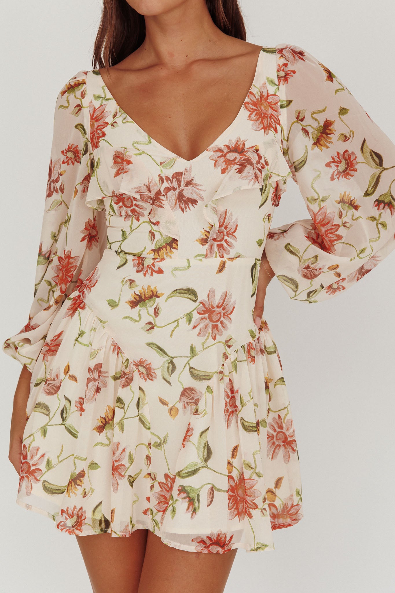 Lucky One Balloon Sleeve Mini Dress Floral Beige by Selfie Leslie Australia