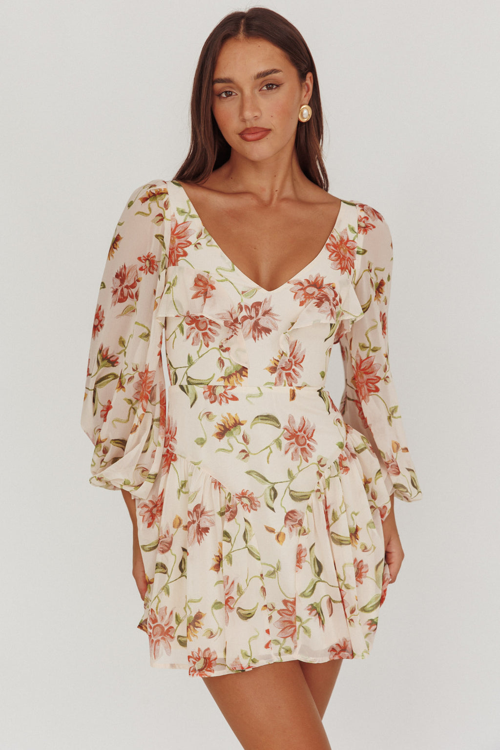 Lucky One Balloon Sleeve Mini Dress Floral Beige by Selfie Leslie Australia