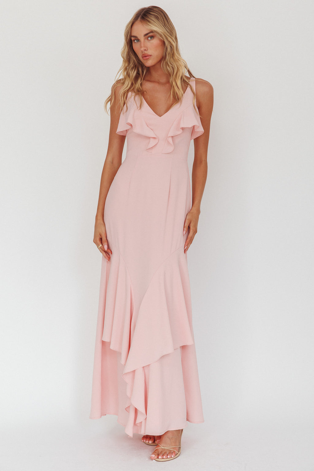 Firelights Ruffle Trim Maxi Dress Pink by Selfie Leslie Australia