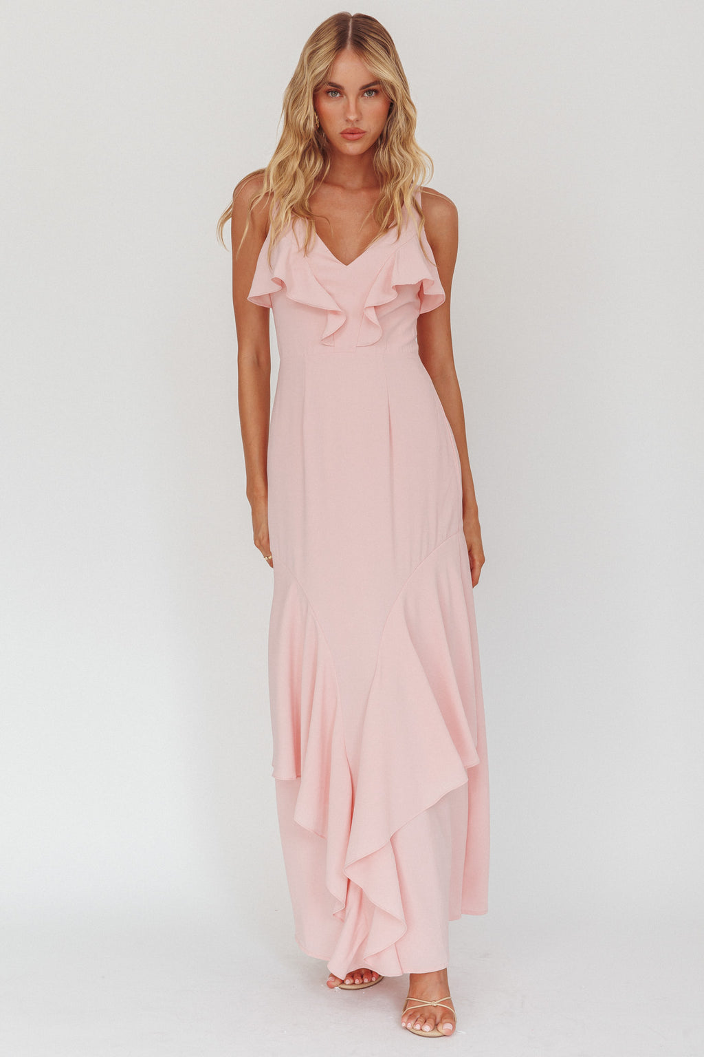 Firelights Ruffle Trim Maxi Dress Pink by Selfie Leslie Australia