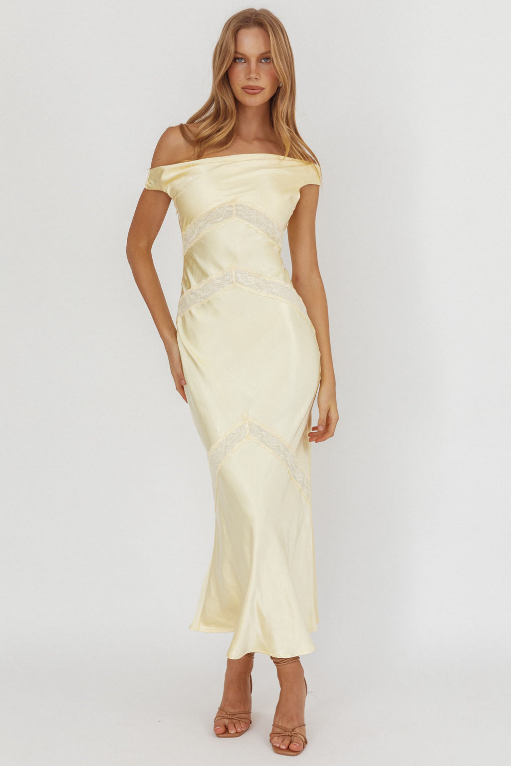 Revelation Off-Shoulder Lace Trim Maxi Dress Butter by Selfie Leslie Australia