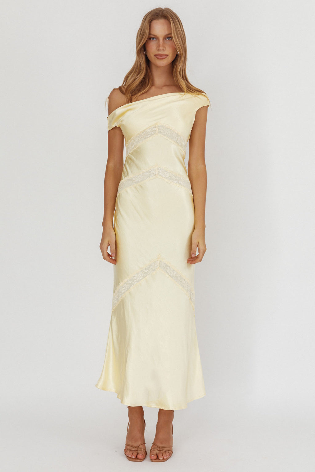 Revelation Off-Shoulder Lace Trim Maxi Dress Butter by Selfie Leslie Australia