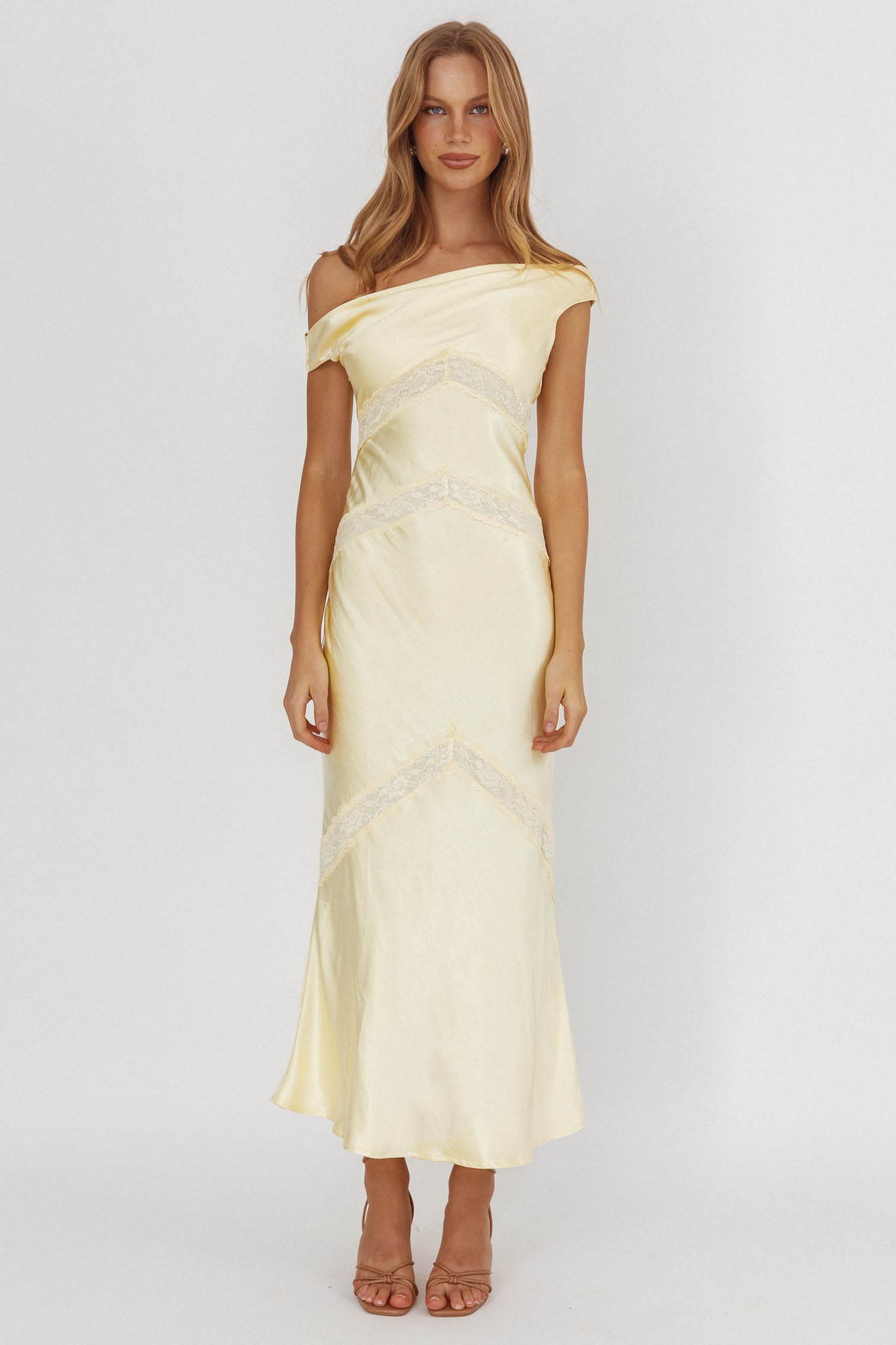 Revelation Off-Shoulder Lace Trim Maxi Dress Butter by Selfie Leslie Australia