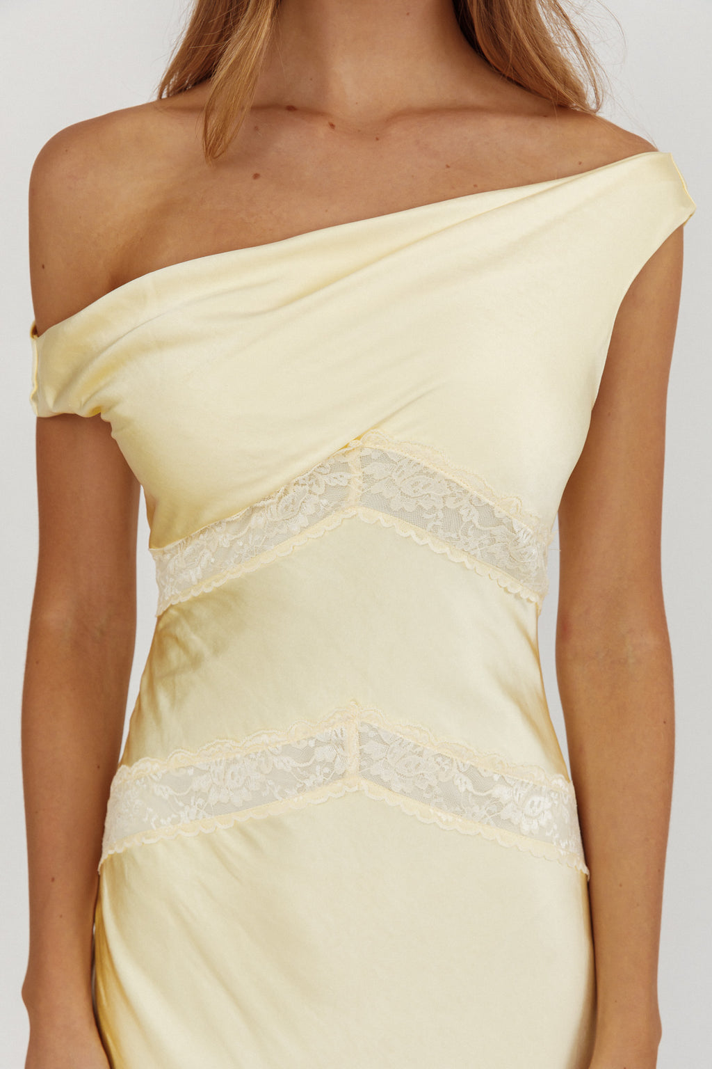 Revelation Off-Shoulder Lace Trim Maxi Dress Butter by Selfie Leslie Australia