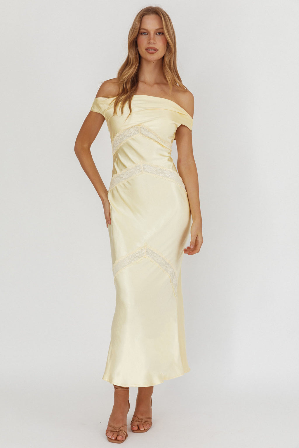 Revelation Off-Shoulder Lace Trim Maxi Dress Butter by Selfie Leslie Australia