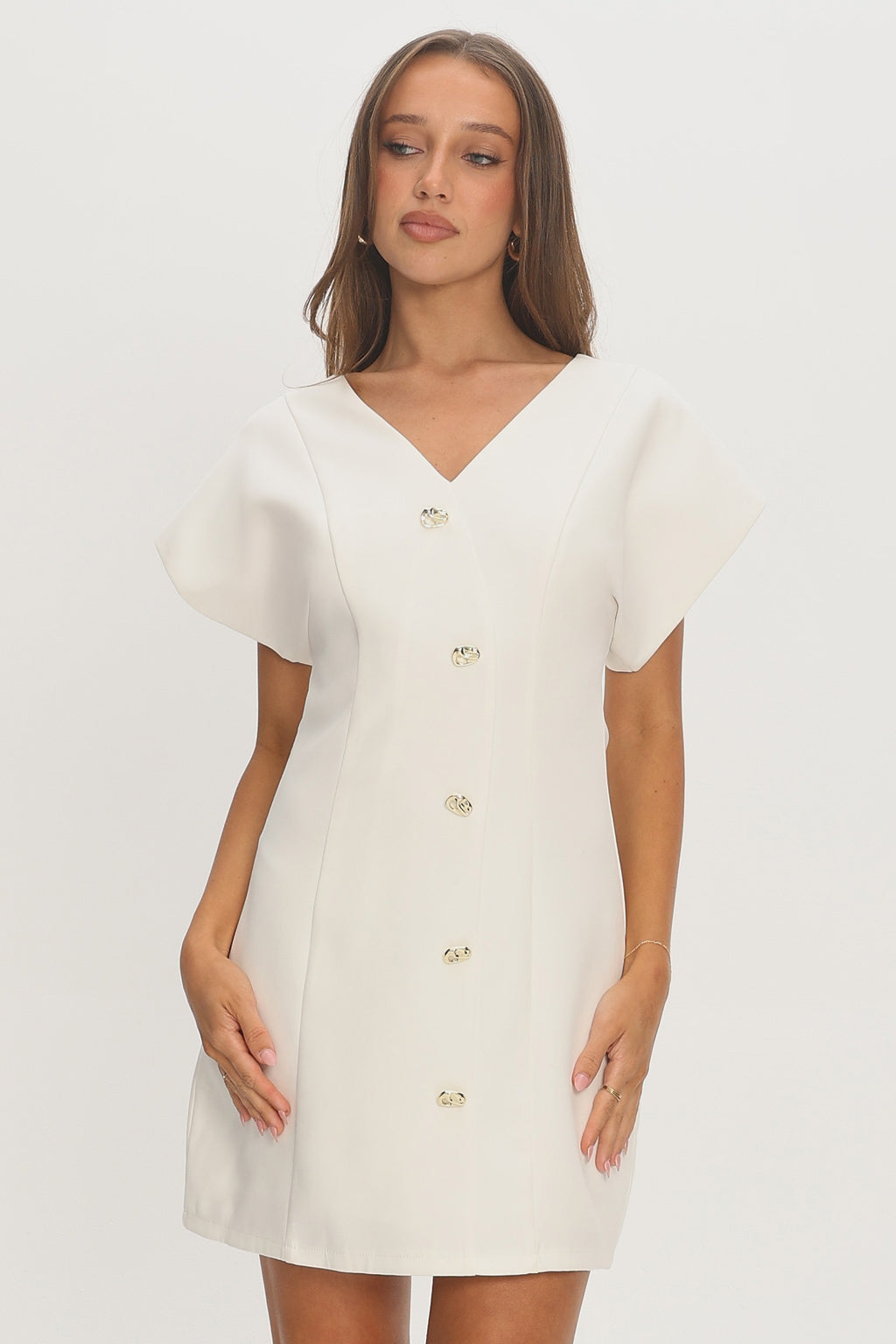 Chiana Gold Button Mini Dress White