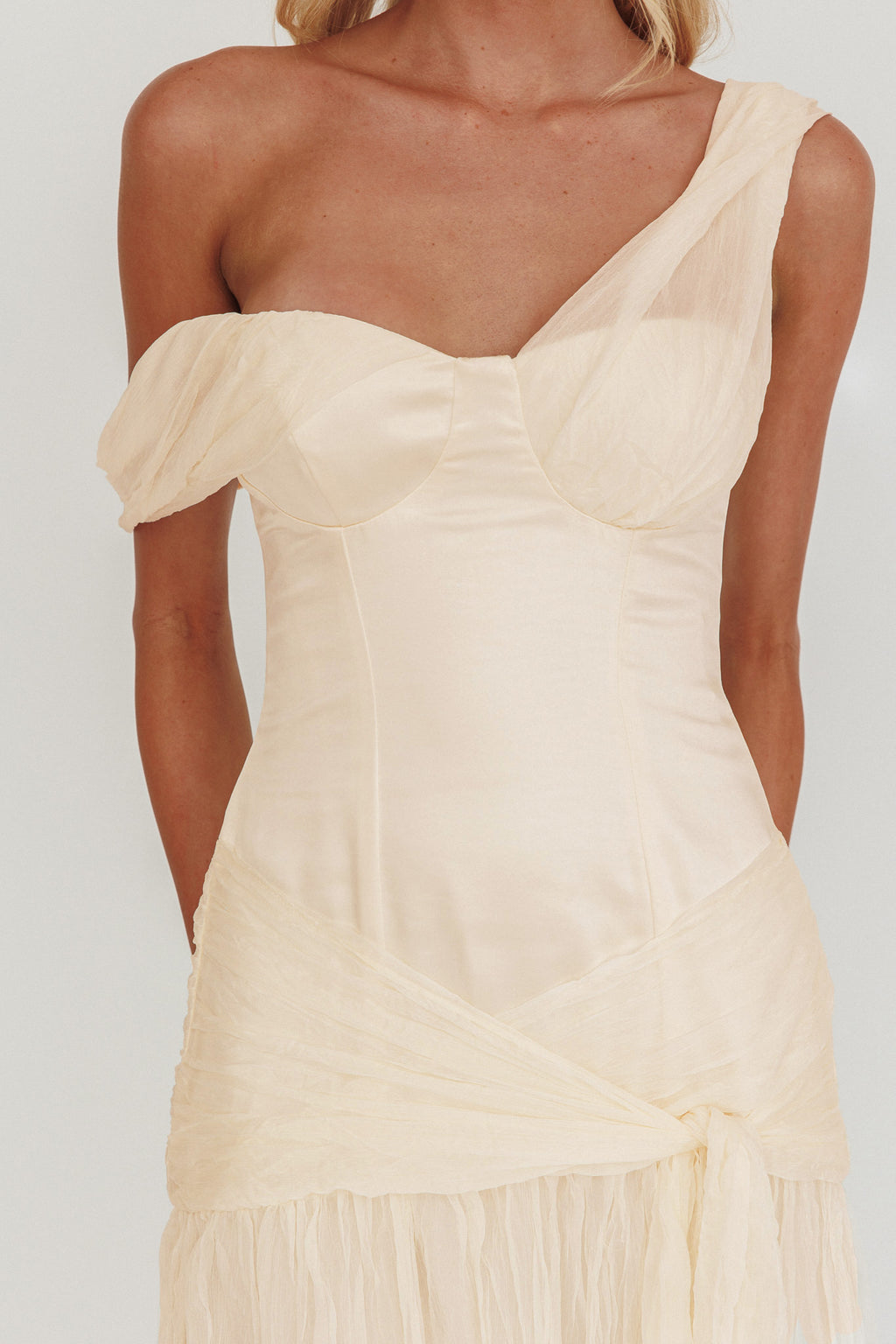Keia Crepe Chiffon One-Shoulder Maxi Dress Oyster by Selfie Leslie Australia