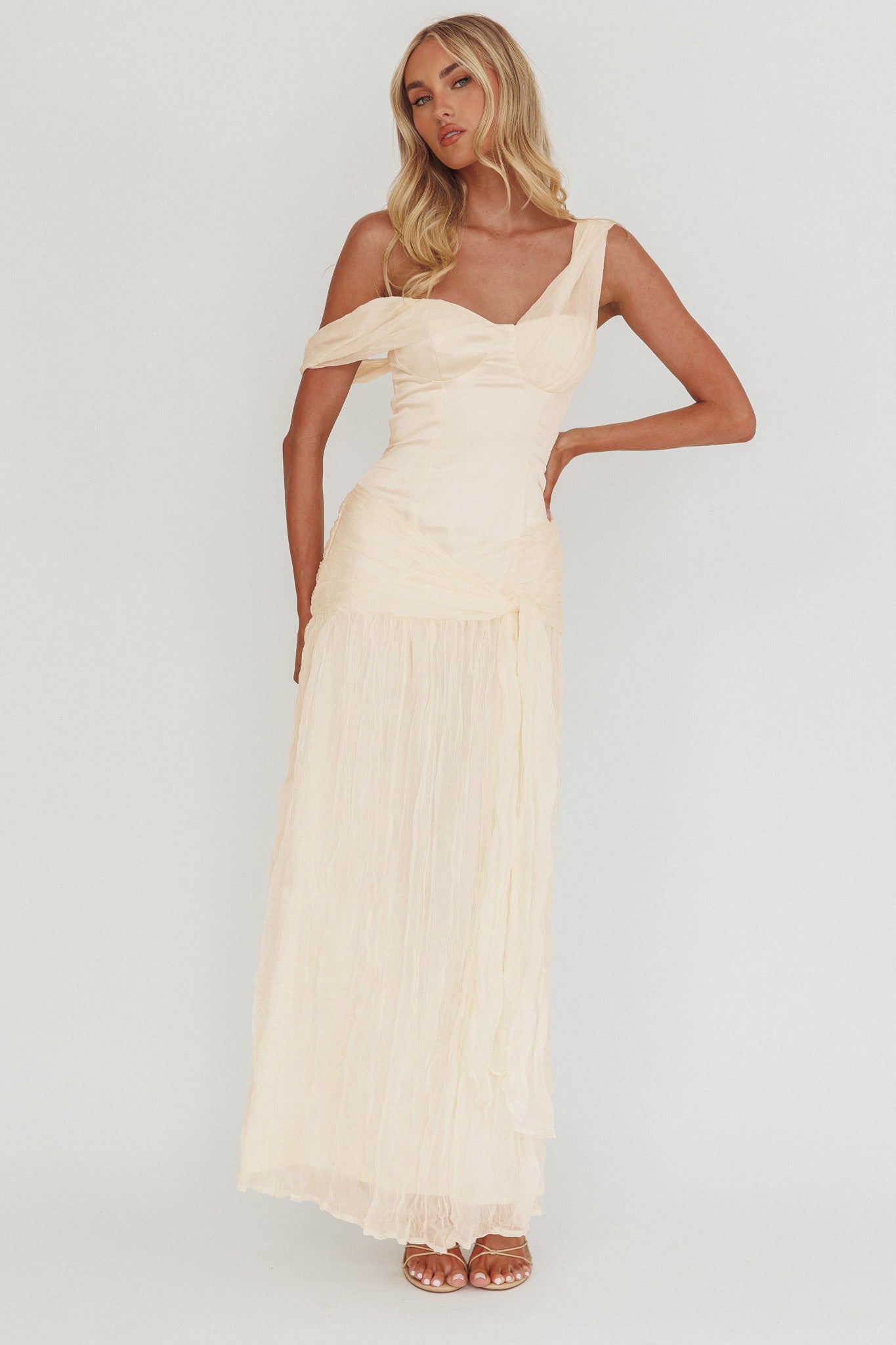 Keia Crepe Chiffon One-Shoulder Maxi Dress Oyster by Selfie Leslie Australia
