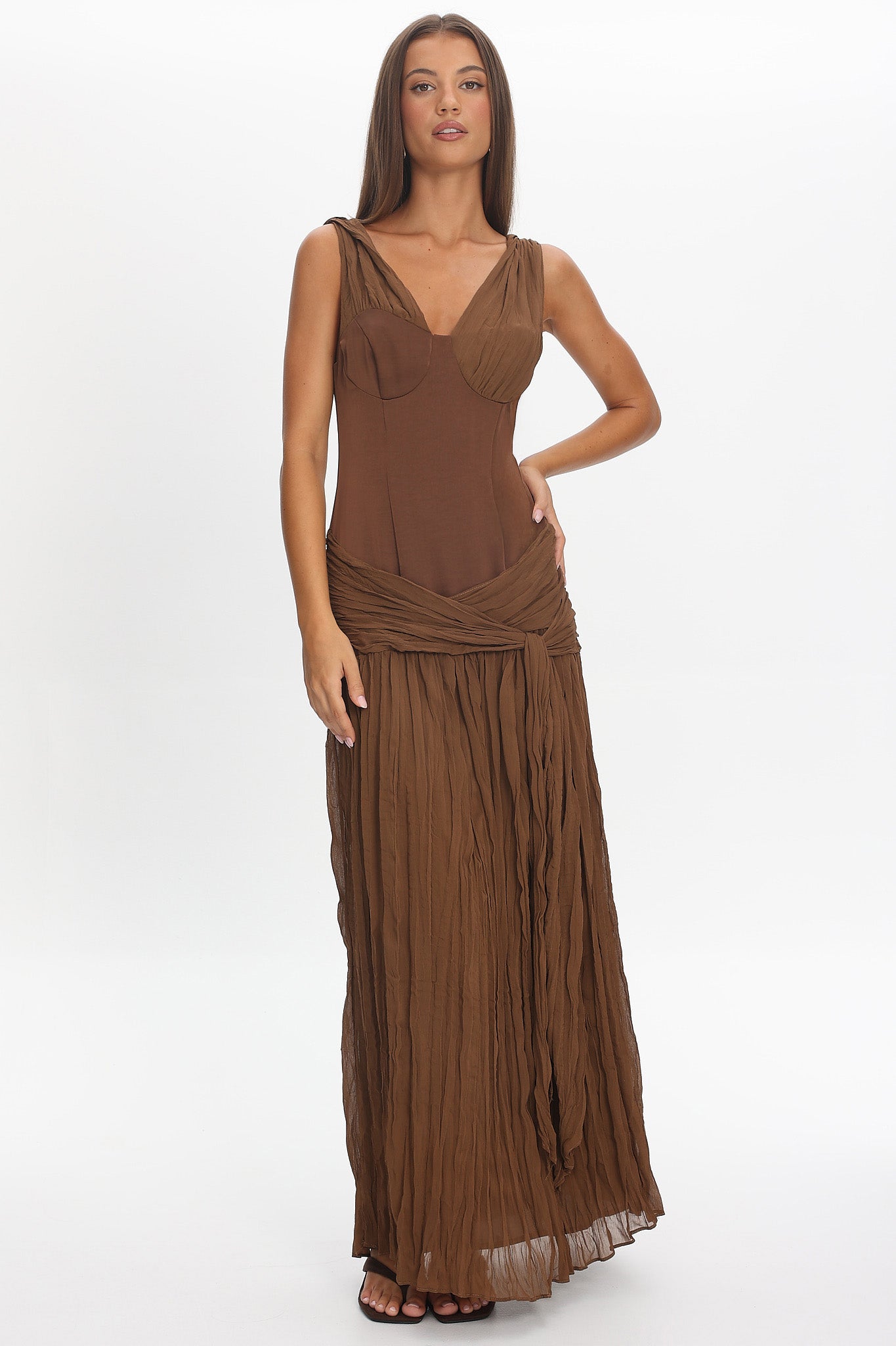 Keia Crepe Chiffon One-Shoulder Maxi Dress Chocolate by Selfie Leslie Australia