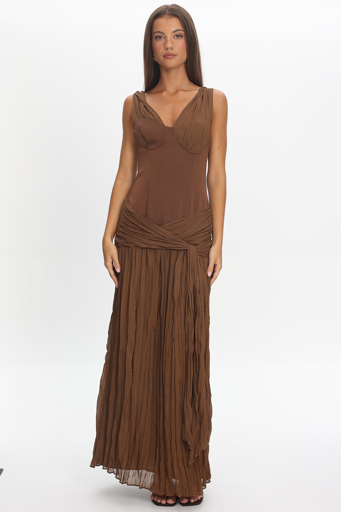Keia Crepe Chiffon One-Shoulder Maxi Dress Chocolate by Selfie Leslie Australia