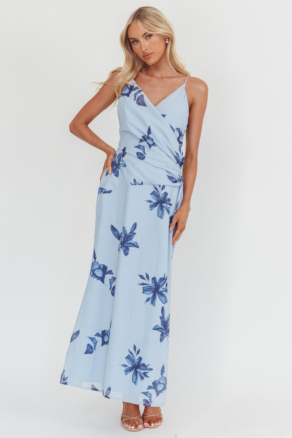 Lexxi Crossover Gathered Waist Maxi Dress Floral Blue by Selfie Leslie Australia