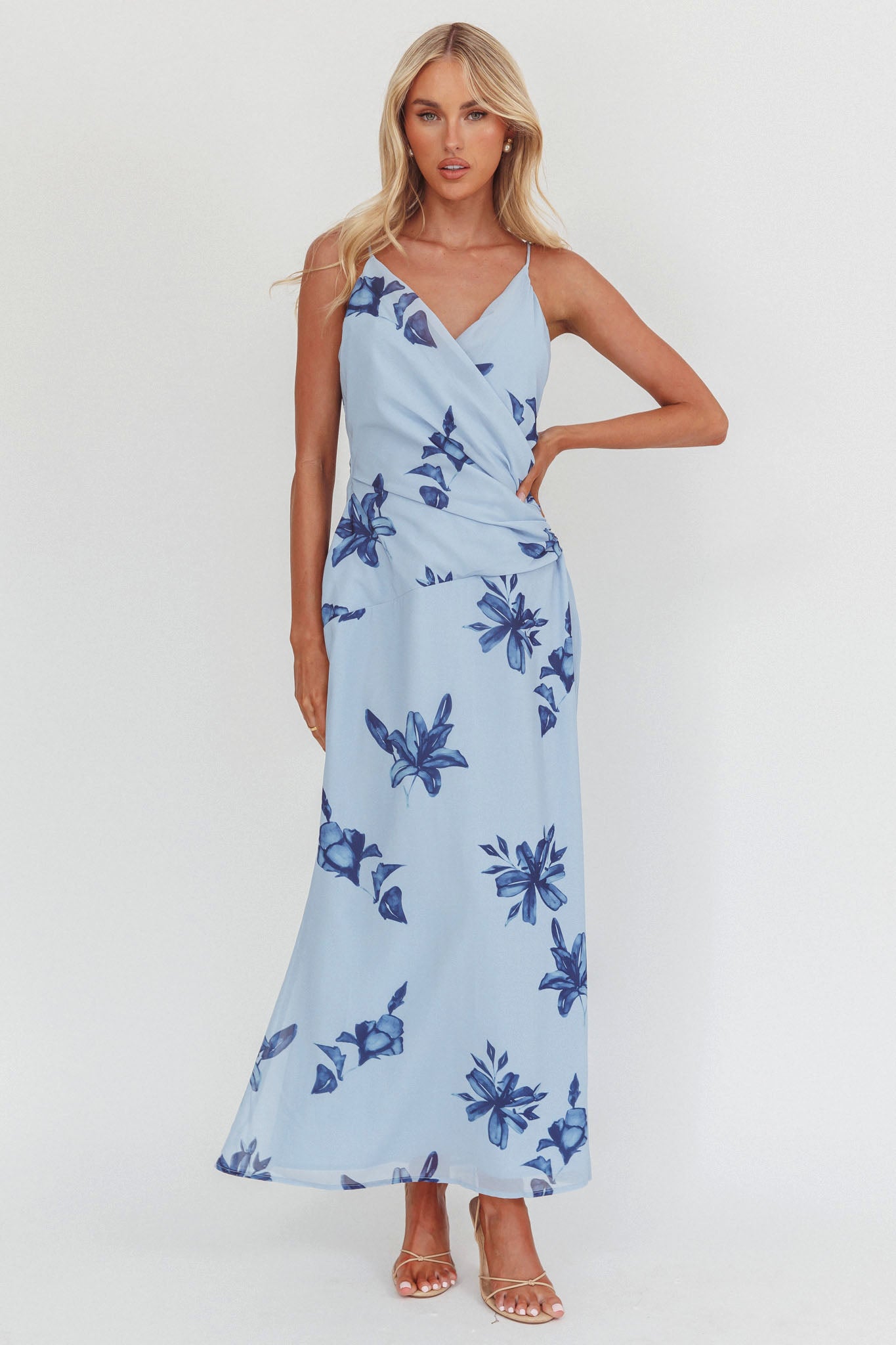 Lexxi Crossover Gathered Waist Maxi Dress Floral Blue by Selfie Leslie Australia