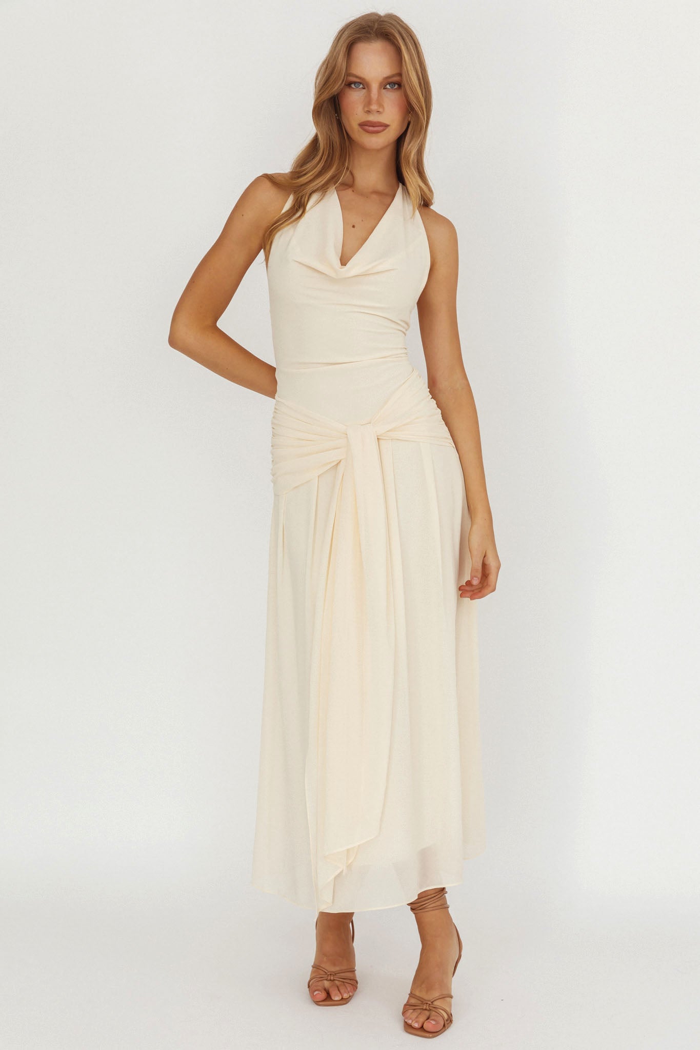 Maretha Cowl Halterneck Maxi Dress Butter by Selfie Leslie Australia