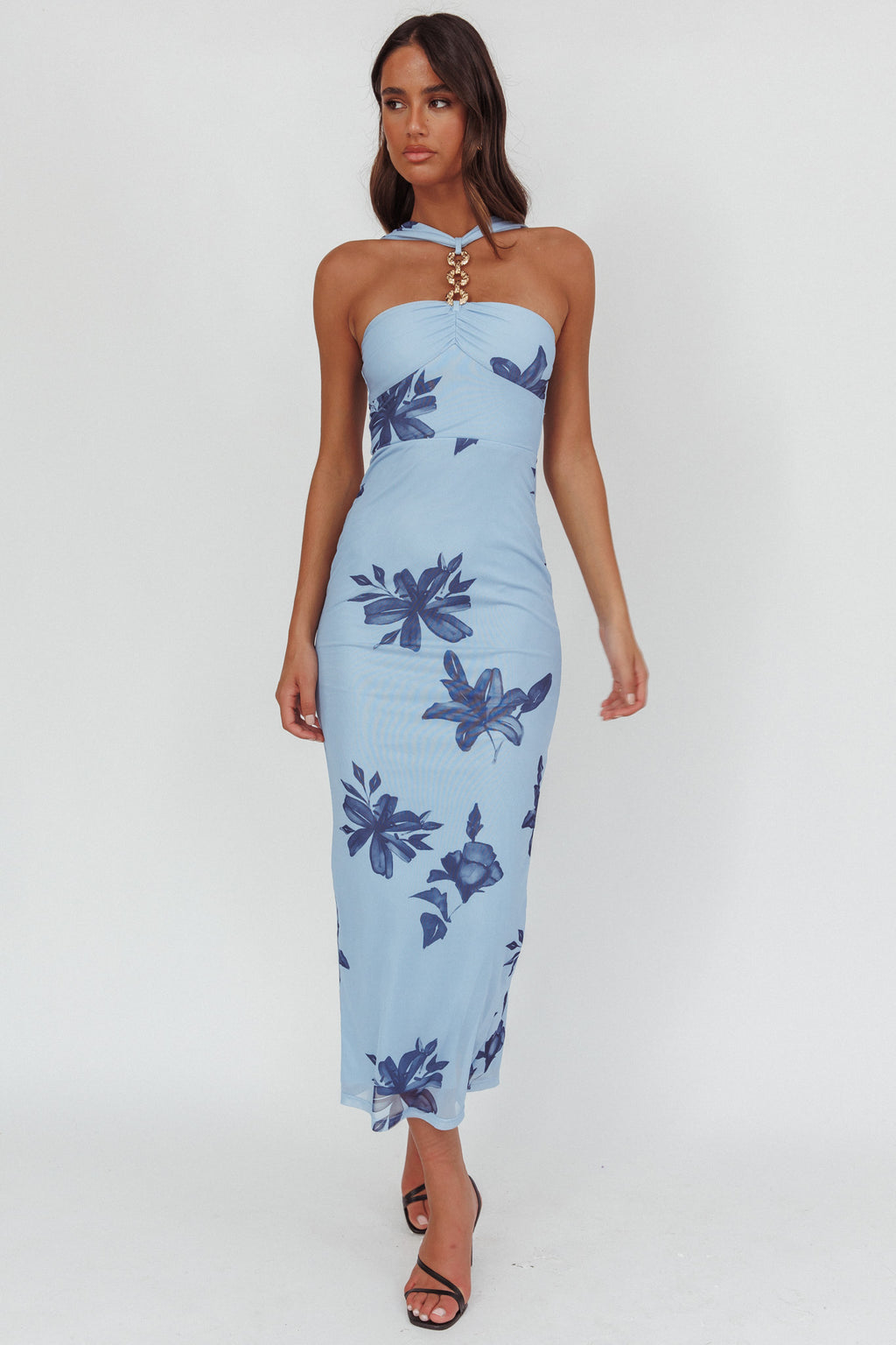 Maretha Gold Link Neckline Maxi Dress Lily Blue by Selfie Leslie Australia
