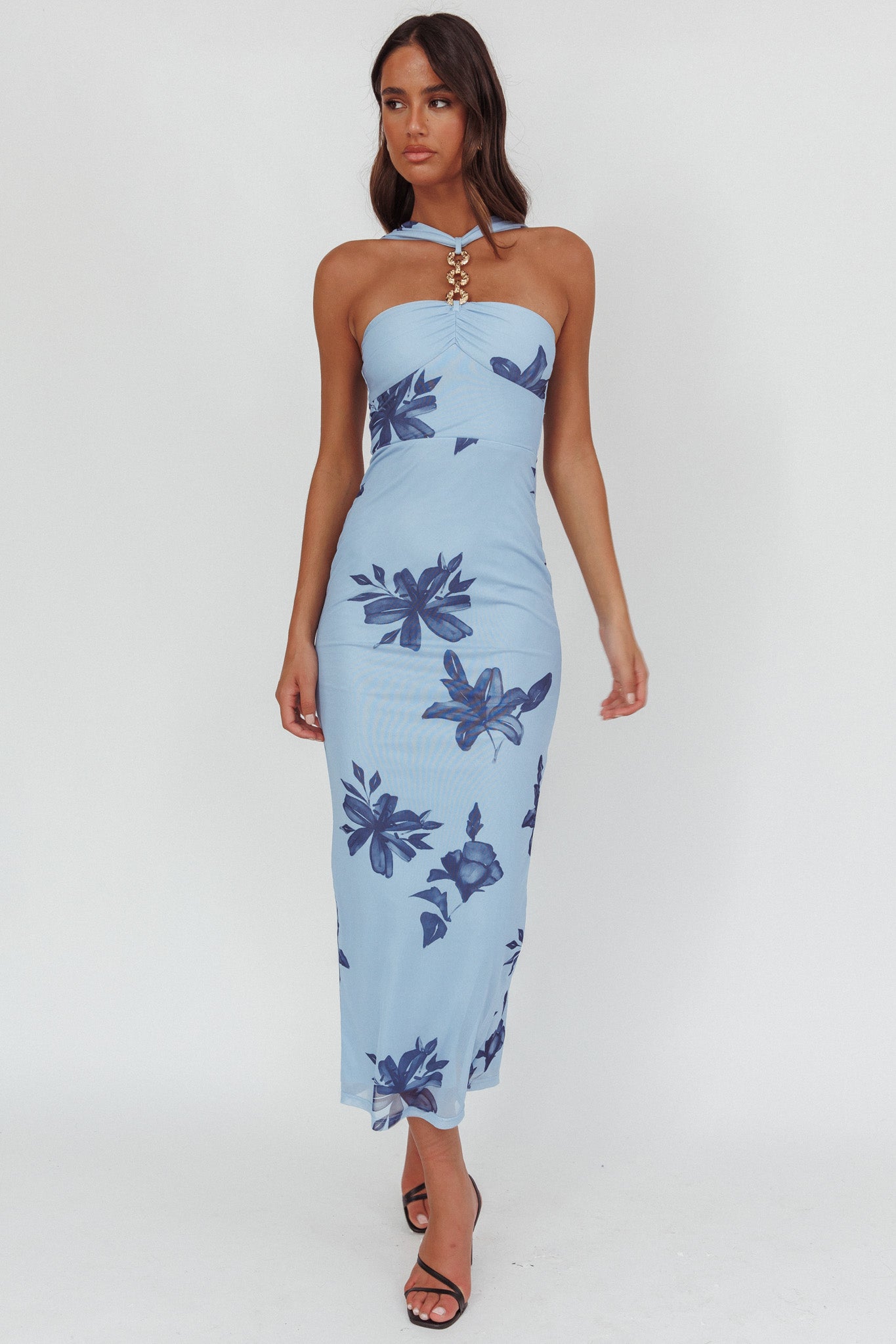 Maretha Gold Link Neckline Maxi Dress Lily Blue by Selfie Leslie Australia