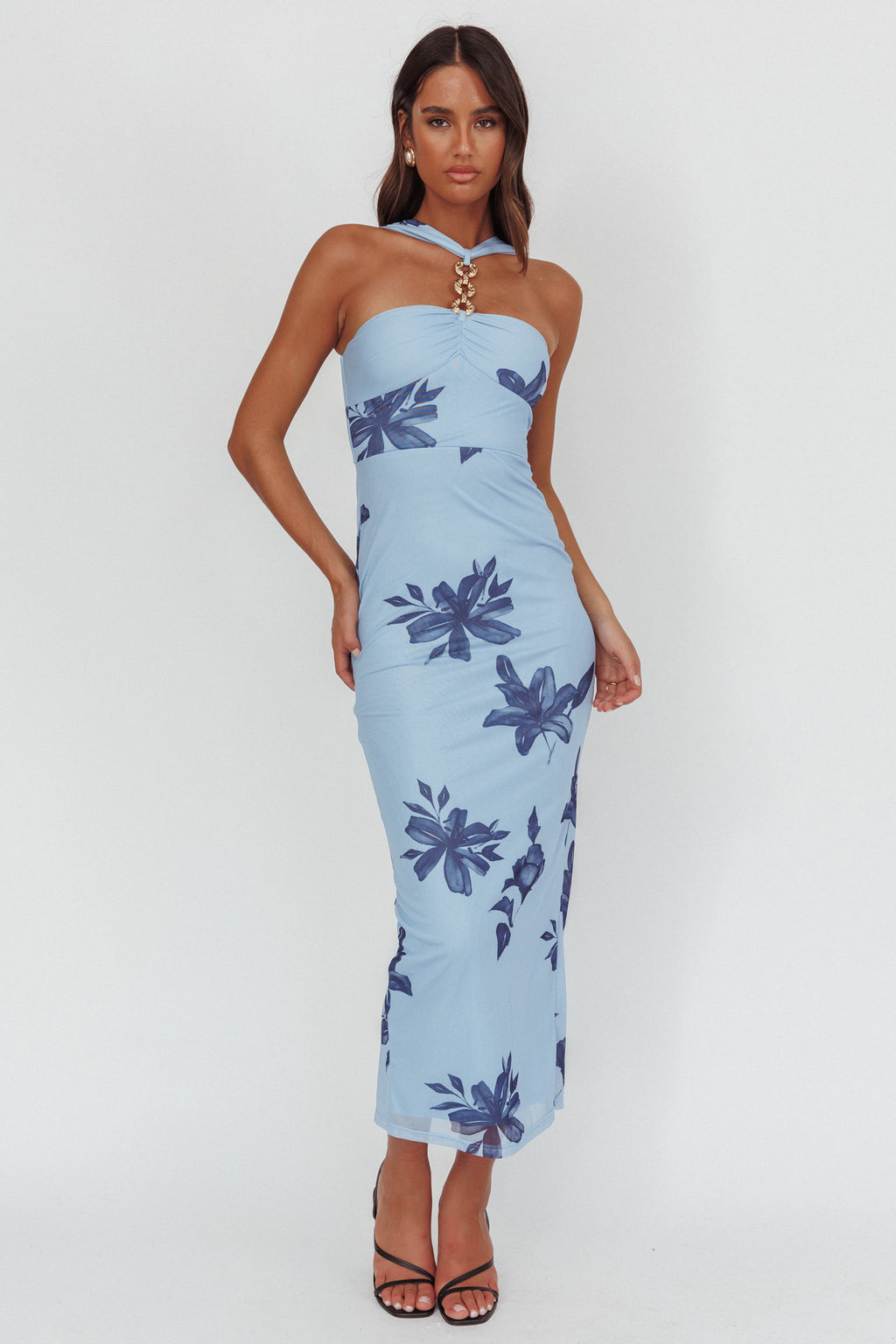 Maretha Gold Link Neckline Maxi Dress Lily Blue by Selfie Leslie Australia